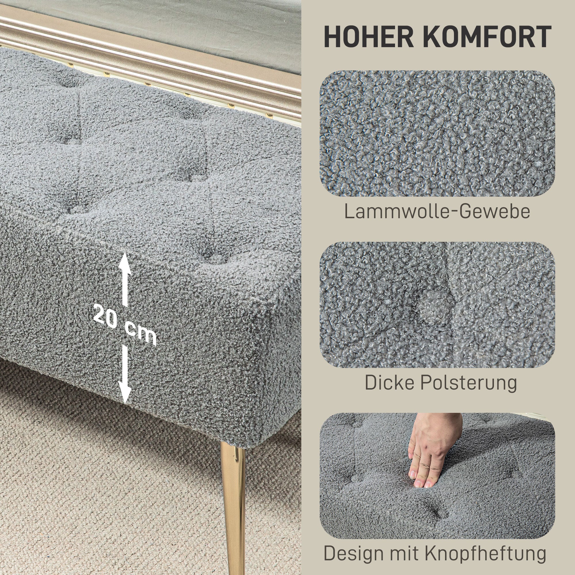 HOMCOM Bettbank, Sitzbank, weicher Bezug in Lammwoll-Optik, bis 120 kg, vergoldete Stahlbeine, 112x41x46cm, Grau