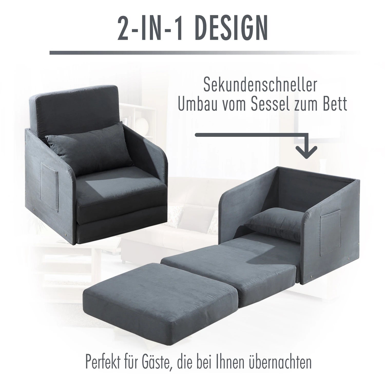 HOMCOM Schlafsofa Sofabett Einzelsofa Waschbarer Bezug 2 Seitentaschen Kissen Metall Grau 70 x 76 x 77 cm