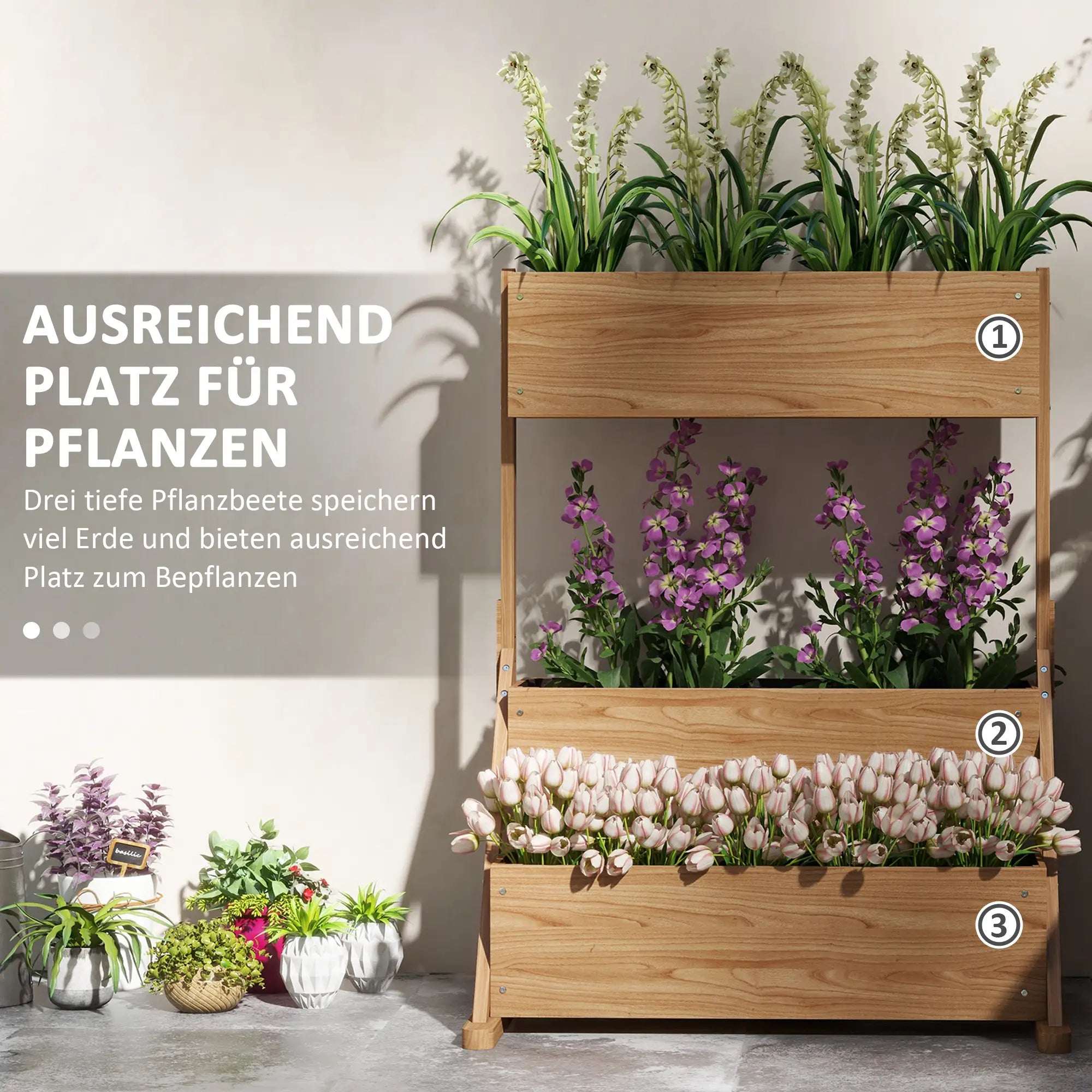 3-stufiges Hochbeet aus Holz mit Vlies, Natur 108?cm