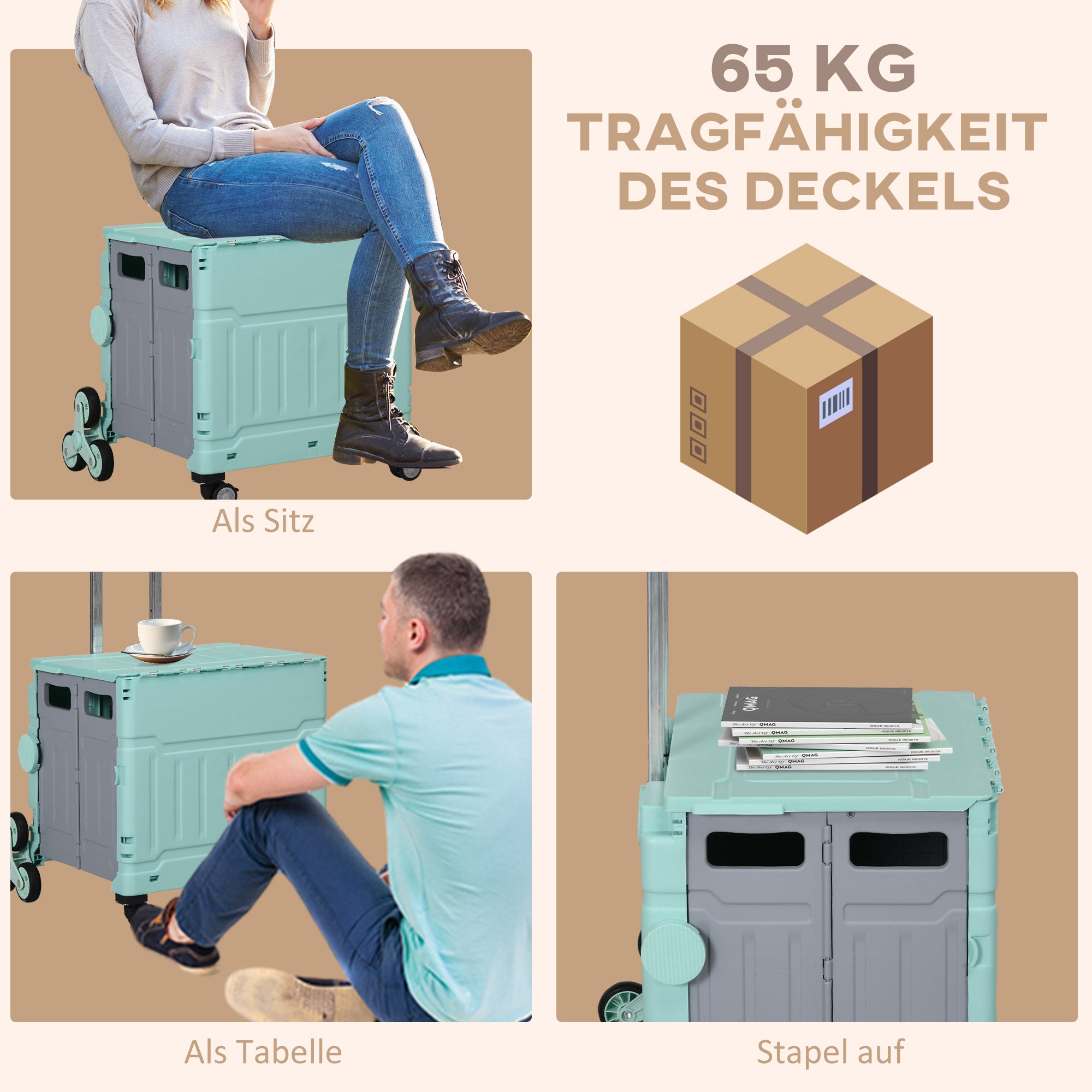 HOMCOM Einkaufswagen Einkaufstrolley, Treppensteiger,  klappbar, Teleskopgriff, bis max. 65 Kilo belastbar, Grün
