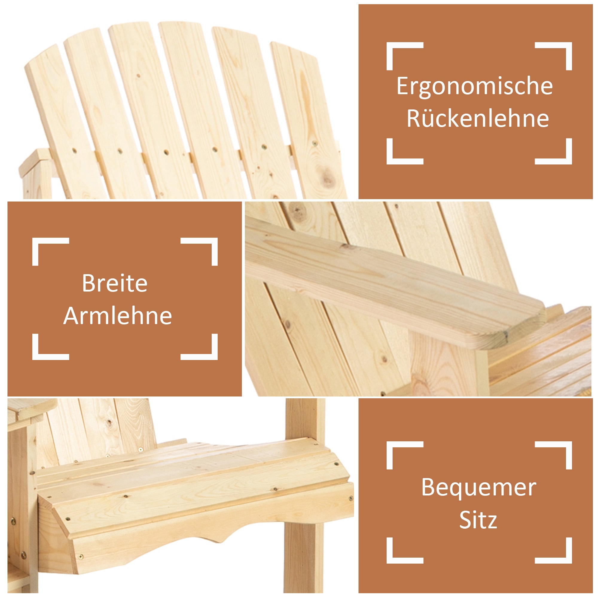 Outsunny Adirondack Gartenstuhl mit Tisch und Schirmloch 2 Sitzer Gartensessel Sitzgruppe Gartenmöbel für Balkon Massivholz Natur 178 x 87 x 92 cm
