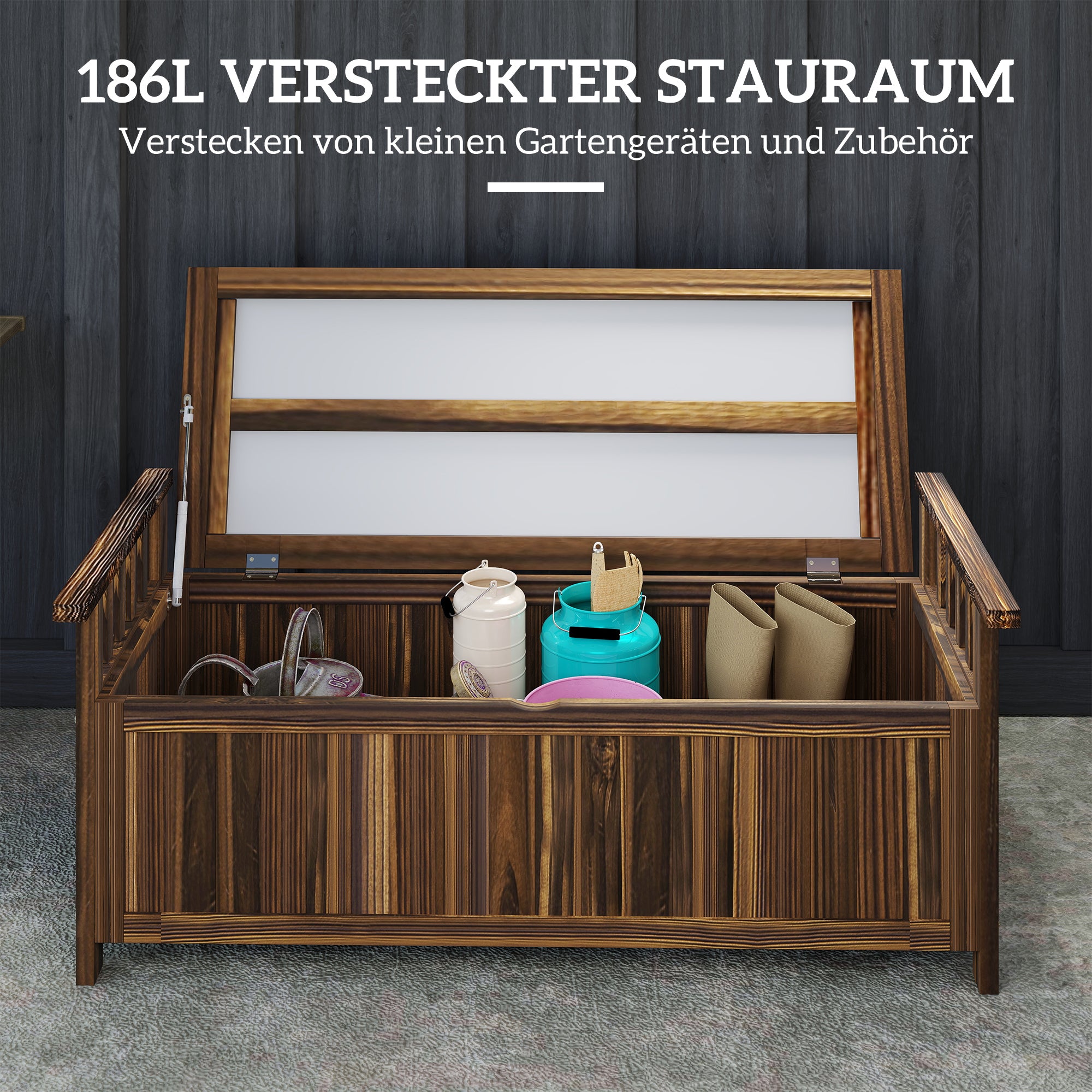 Outsunny 2-Sitzer Gartenbank Holz, wetterfest Sitzbank, Gartenmöbel mit Stauraum Armlehnen 128,5 x 56 x 53,5cm, Verkohlt