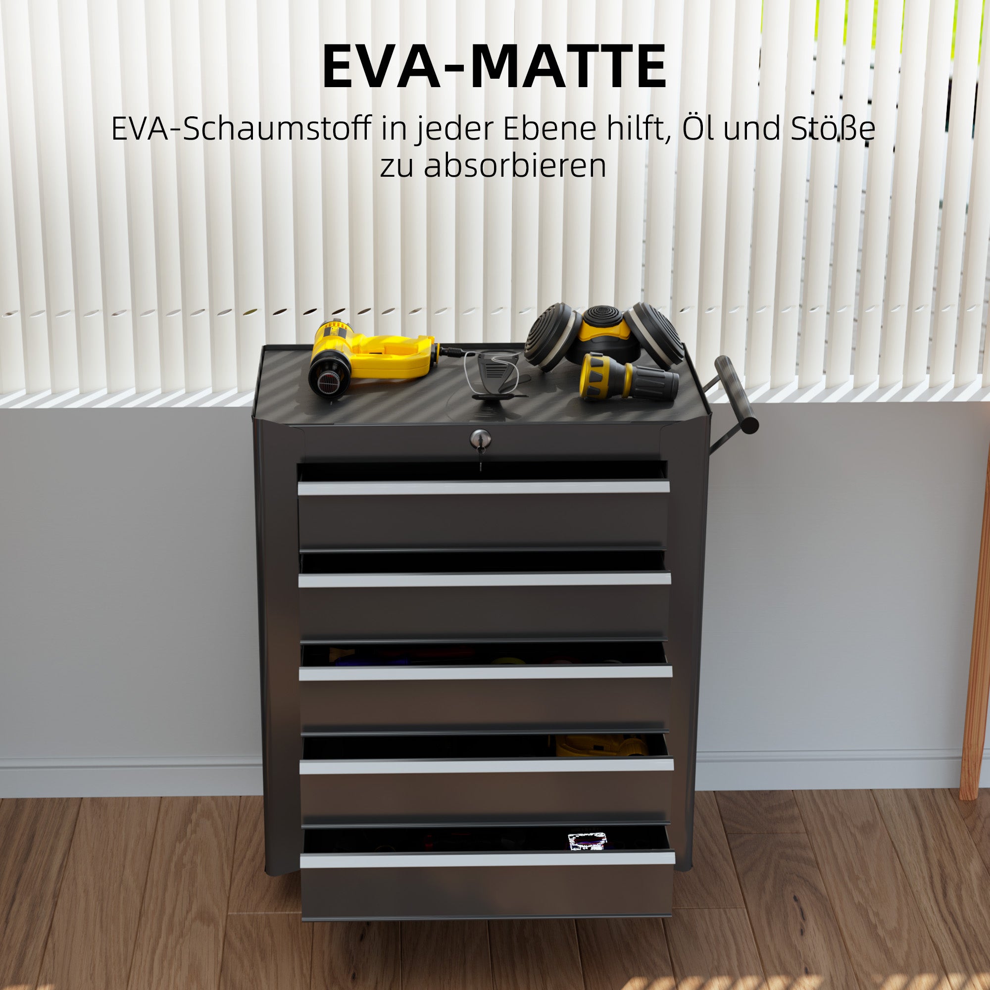HOMCOM Werkzeugkiste, Werkzeugschrank, rollbar, 5 Schubladen, Stahl, Schwarz