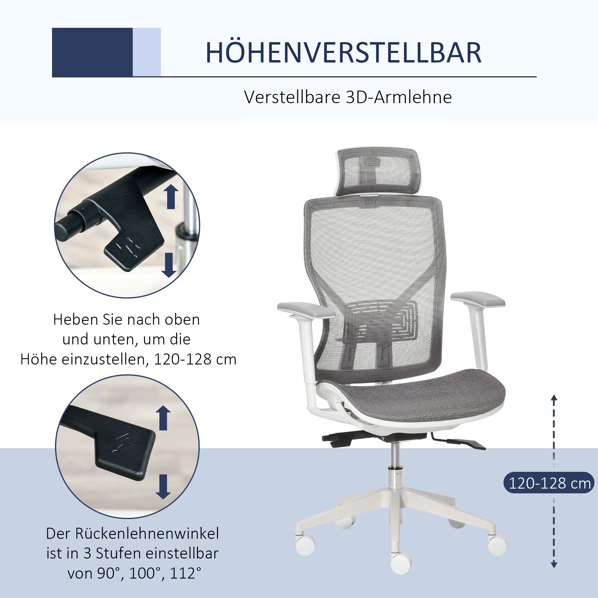 Vinsetto Bürostuhl Schreibtischstuhl Drehstuhl Gamingstuhl mit Kopflehne Lendenkissen 3D-Armlehne 3 Stufen 360°-Drehräder höhenverstellbar ergonomisch Mesh-Stoff Schaumstoff Grau 67 x 65 x 120-128 cm