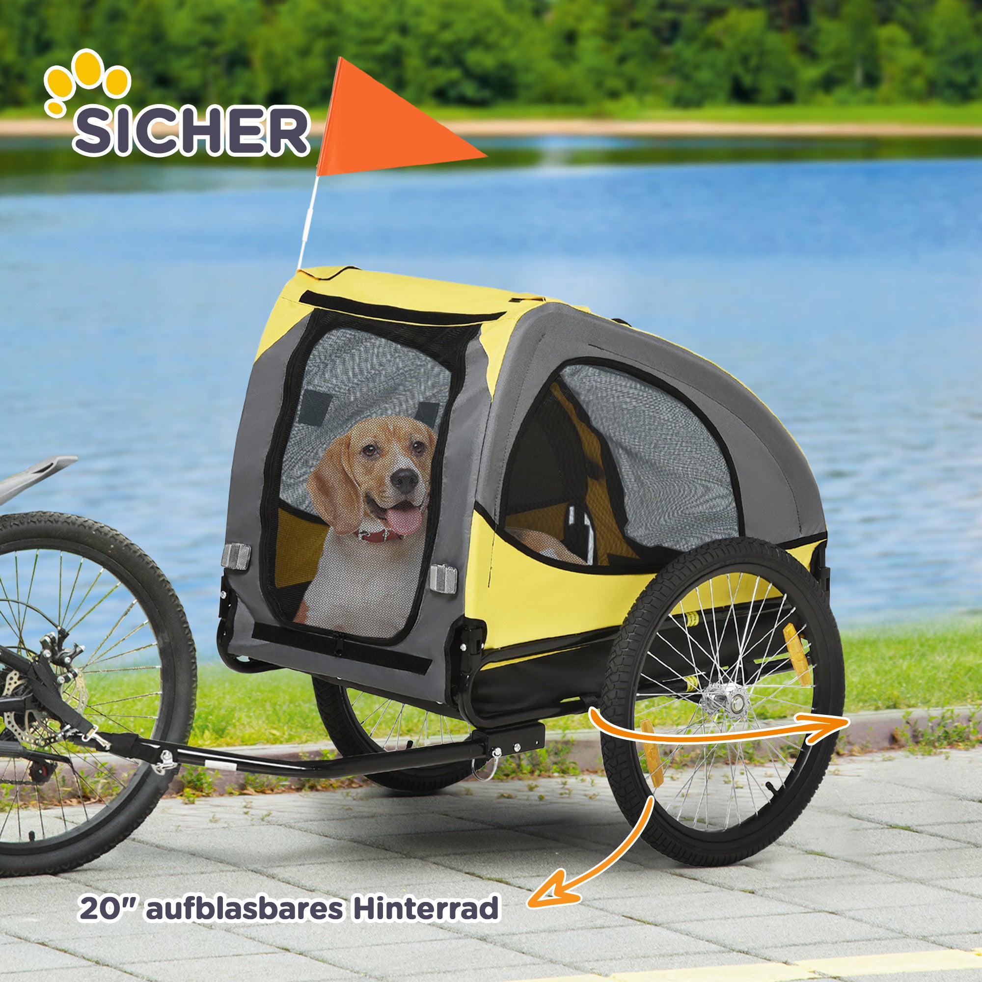 PawHut Hundeanhänger bis 20kg Netzfenster aufrollbare Abdeckung Universalkupplung Stahlrahmen gelb 140 x 71 x 83 cm