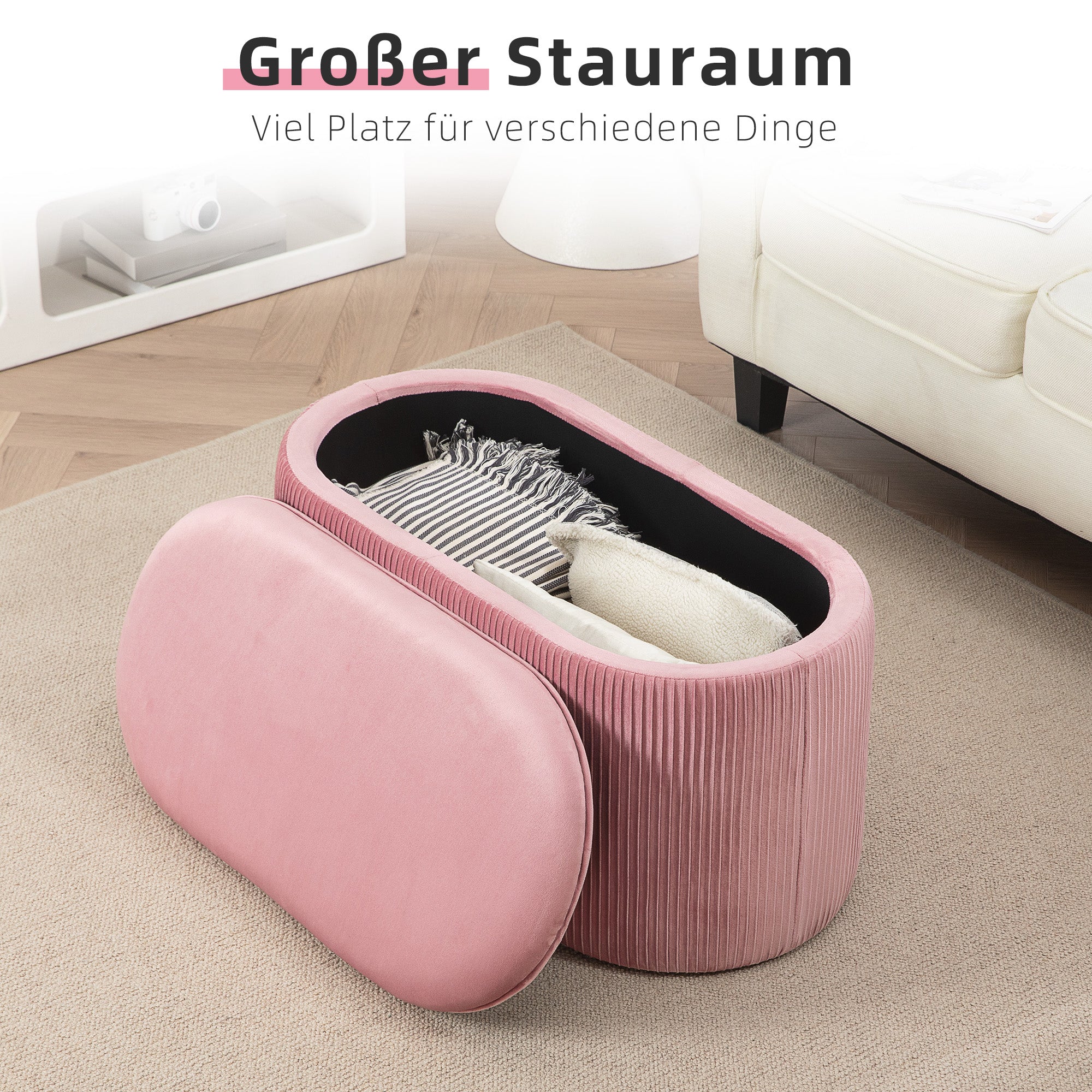 HOMCOM Sitzbank Bank mit Stauraum Polsterbank Ottomane, Retrodesign, Samtoptik, 81 cm x 40 cm x 41 cm, Altrosa