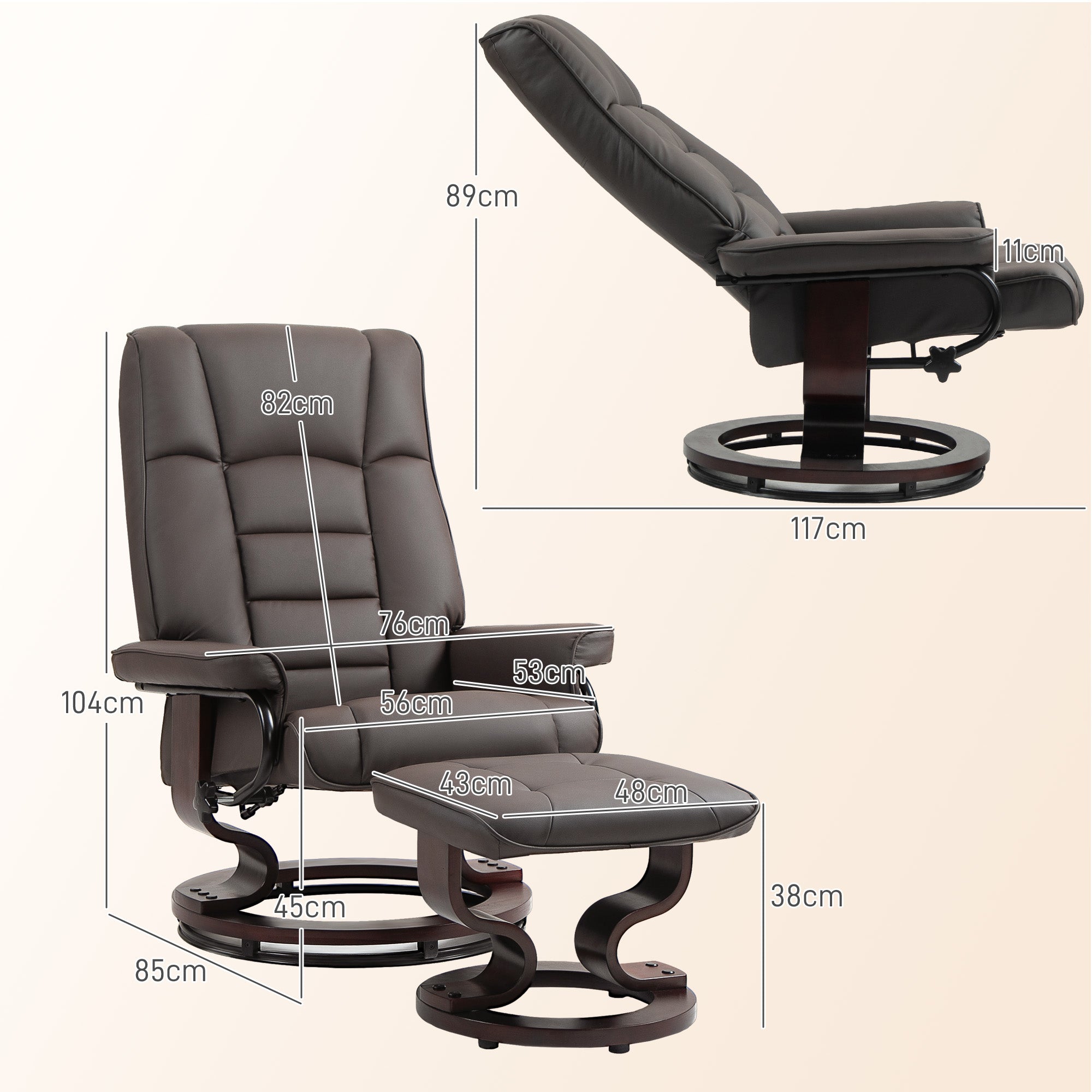 HOMCOM Relaxsessel mit Hocker, drehbar & neigbar, Kunstlederbezug, bis 150 kg, Holzgestell, Braun
