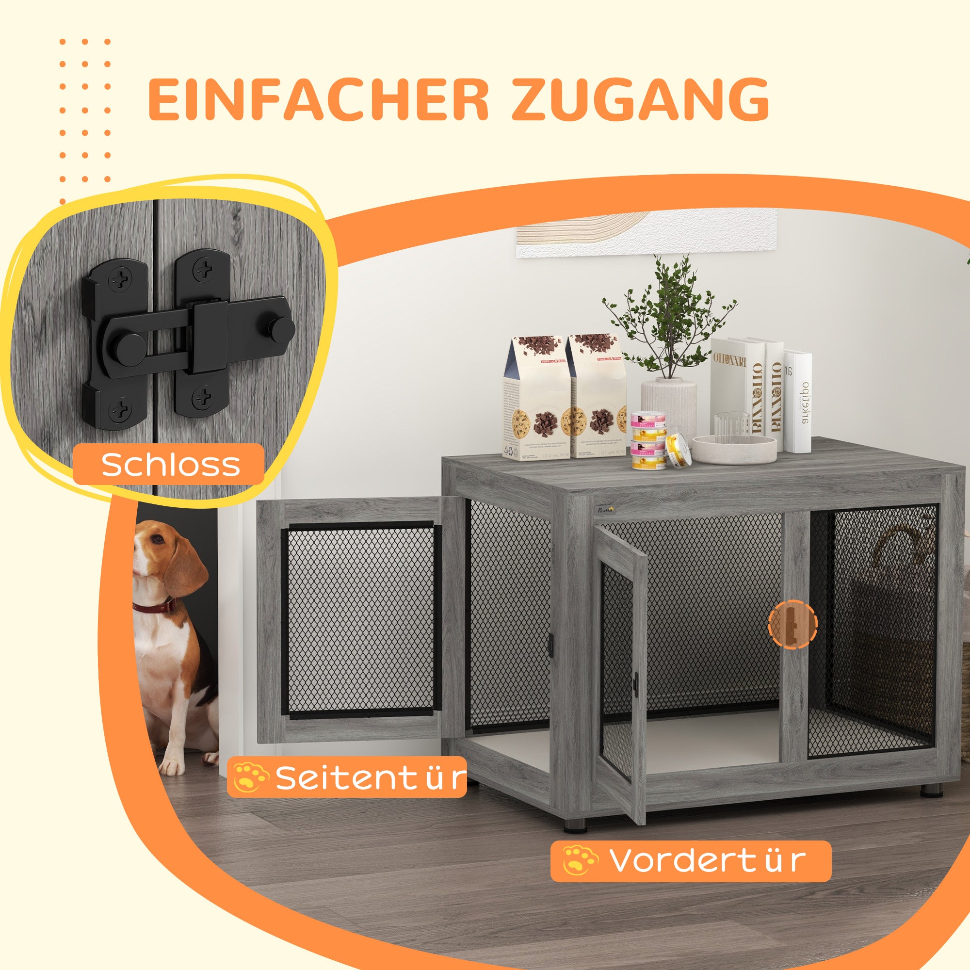 PawHut Hundebox, Welpenbox, mit Ablagefläche, wasserabweisendes Kissen, Stahlgitter, verstellbare Füße, 94x60x71,5 cm