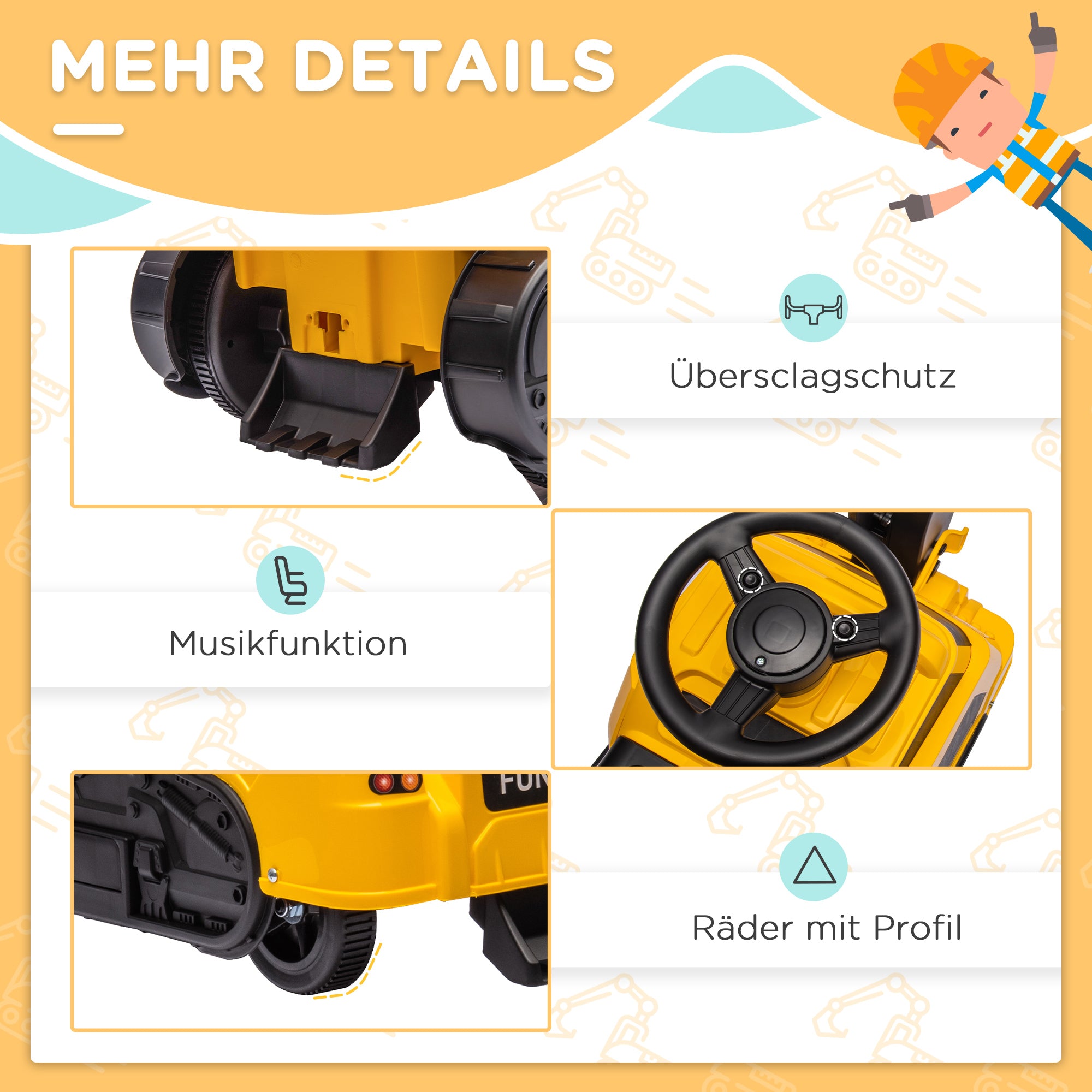 HOMCOM 3-in-1 Kinderrutscher Kinder-Bagger, Musikfunktion, Anti-Kipp-Schutz, Schwarz +Gelb