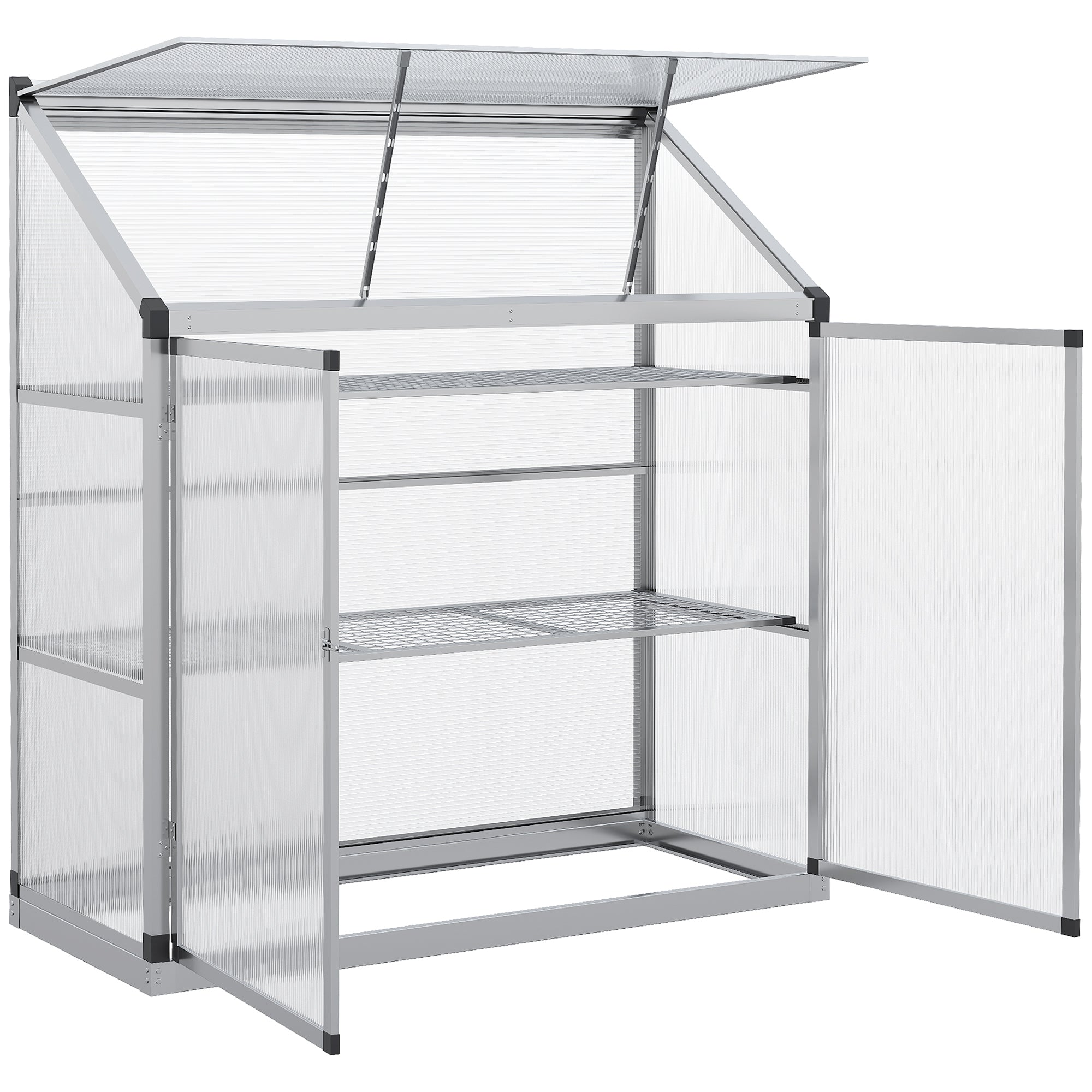 Outsunny Gewächshaus mit Fundamentrahmen, Polycarbonat-Gehäuse, 2 Regalböden, Aluminiumrahmen, 131 x 58 x 139,5 cm