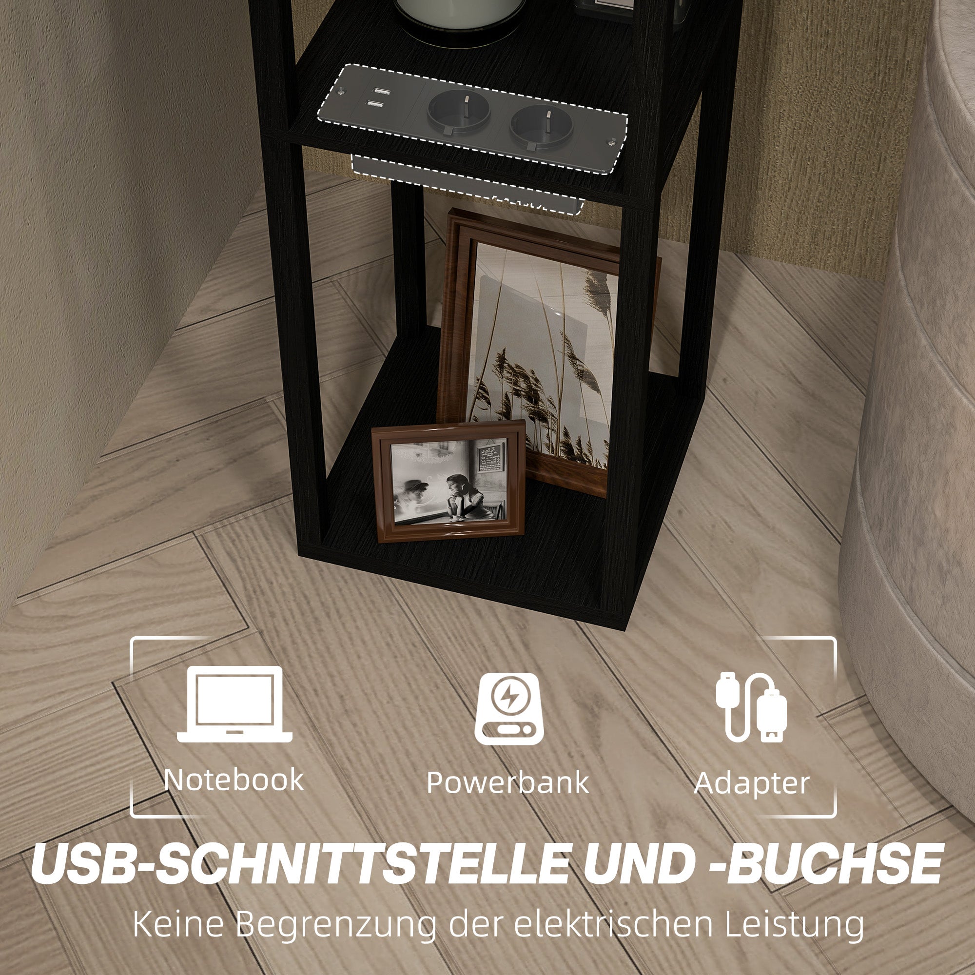 HOMCOM Stehlampe mit 3-stufigem Regal, Fußschalter, USB-Anschlüssen, MDF, Schwarz