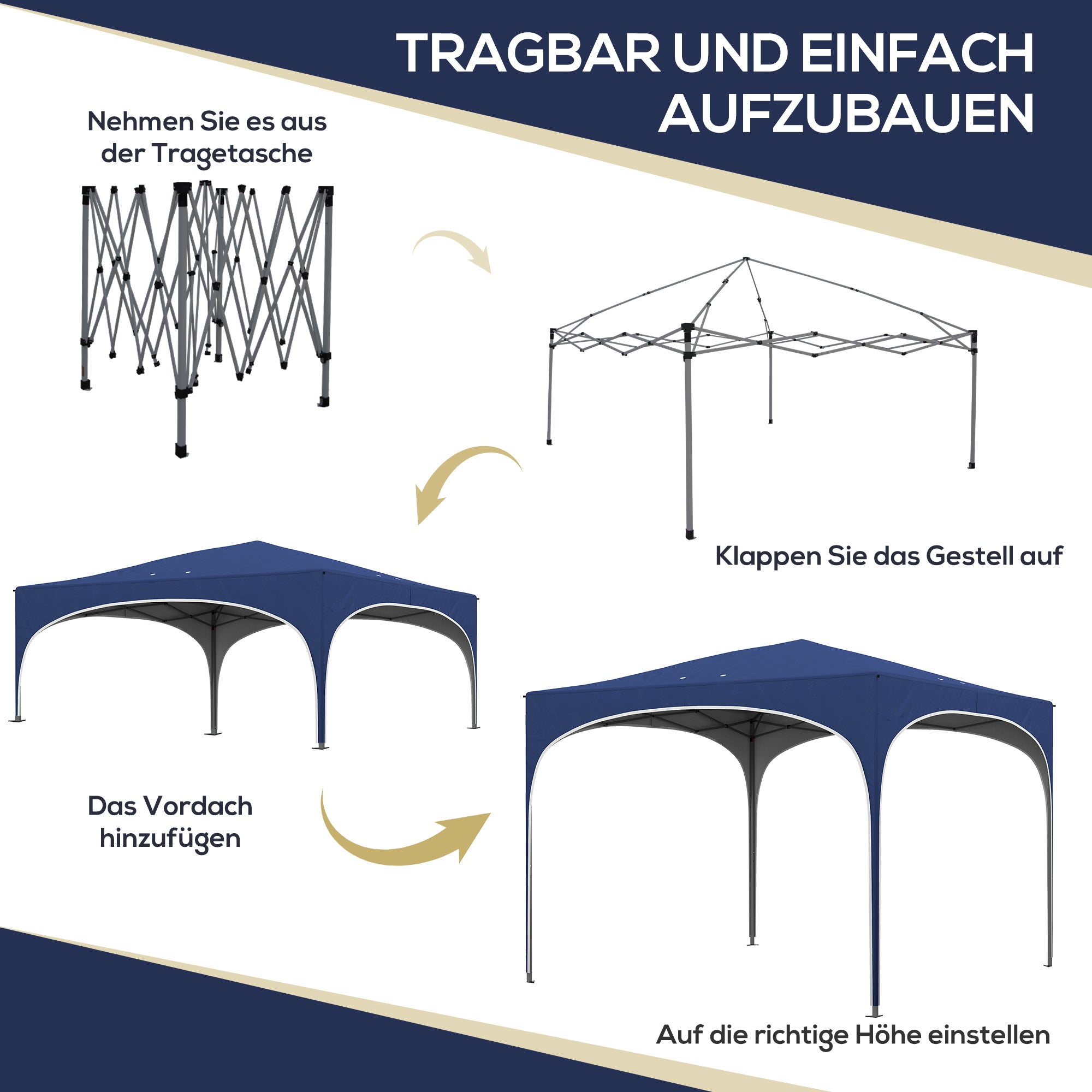 Outsunny Faltpavillon, höhenverstellbar, Metallstützen, robuste Plane, inkl. Tragetasche, 2,95 x 2,95 x 2,55m, Dunkelblau