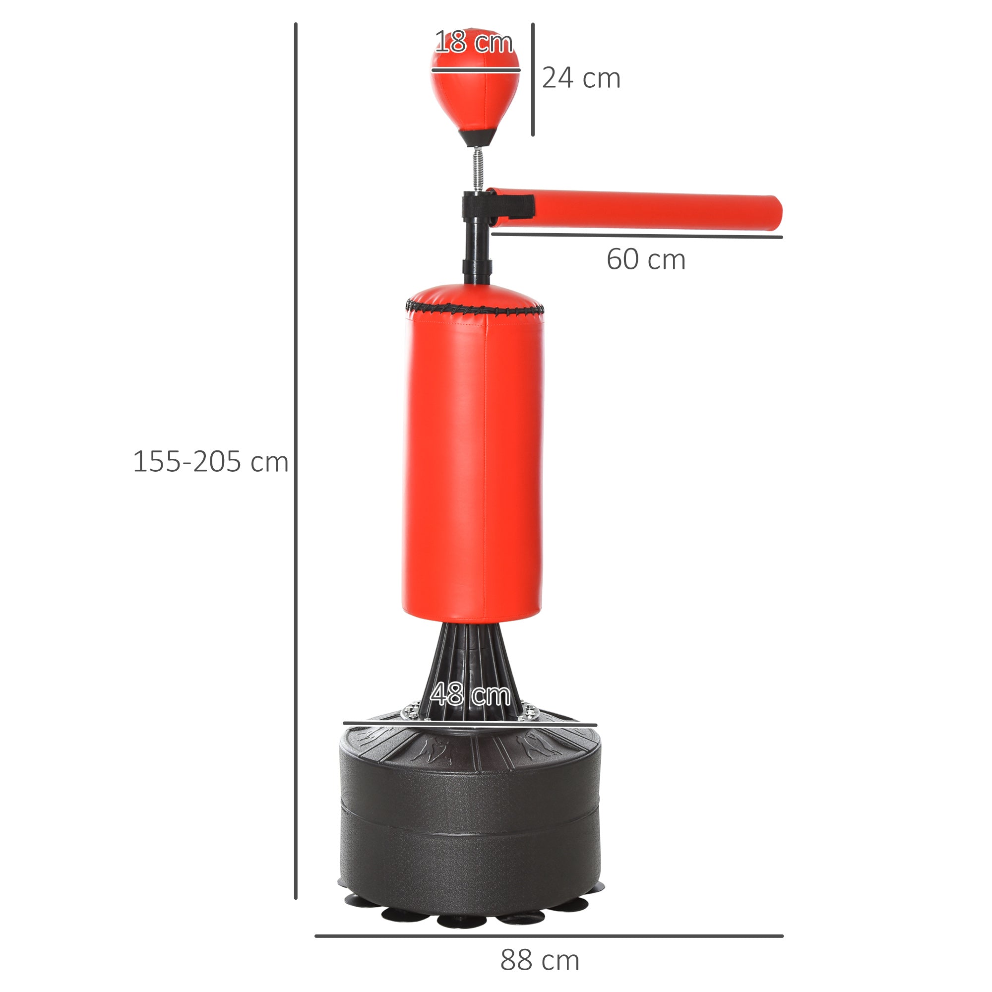 HOMCOM Standboxsack Boxtrainingsgerät mit Reflexball, 360°-Drehstange, Saugfuß, Sand/Wasser befüllbar, Stehend Boxassistent mit Handschuhe, Luftpumpe Training Boxsack 88 x 48 x 155-205 cm