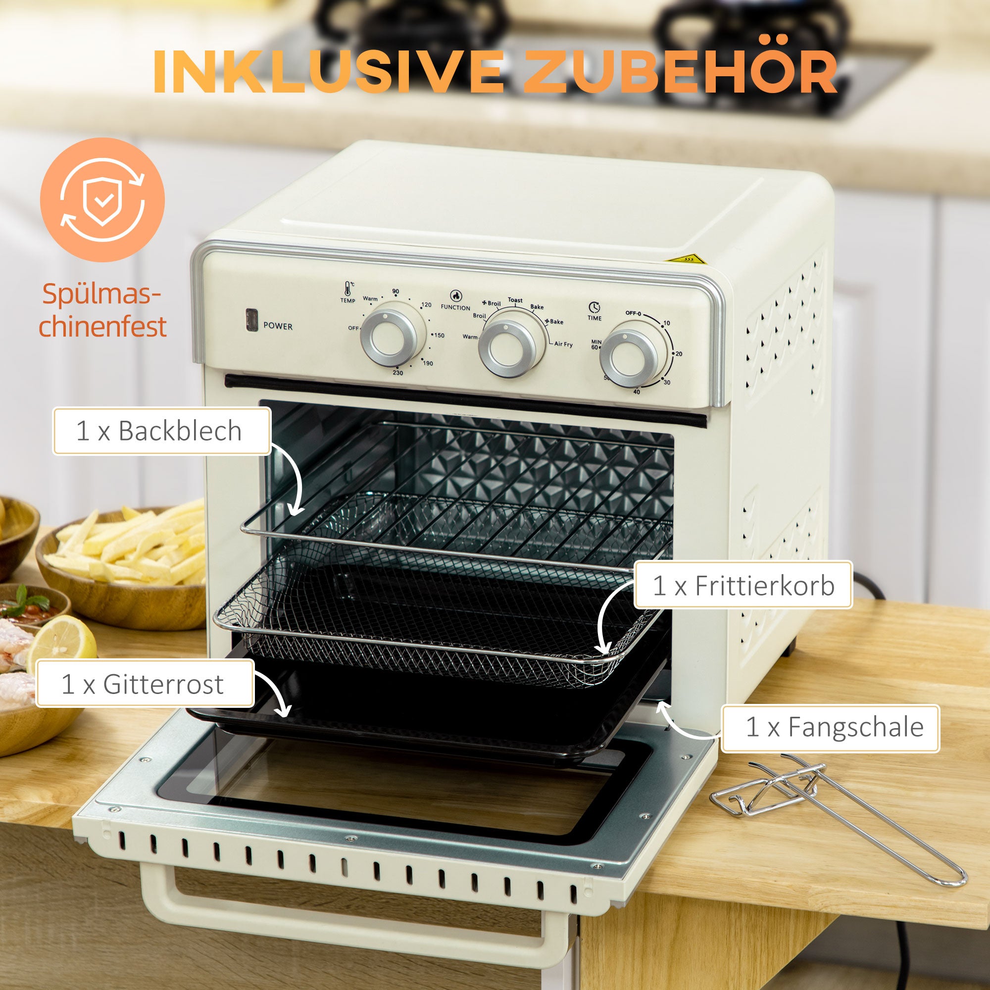 HOMCOM 5-in1 Mini Ofen, 20 L Fassungsvermögen, 1400W, 1 Backrost, 1 Backblech, 60 Min. Timer