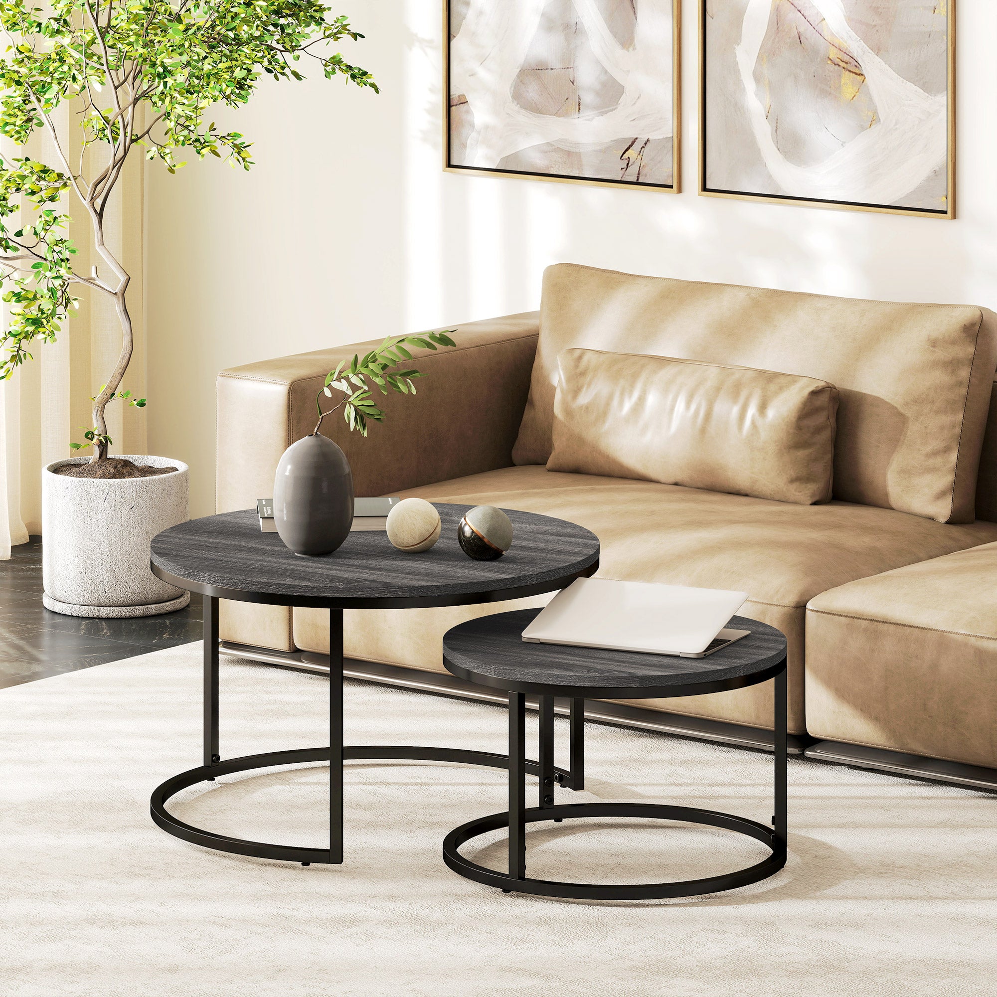 HOMCOM Couchtisch 2er-Set, Beistelltisch mit Metallgestell, Sofatisch, stapelbar, Kaffeetisch, Wohnzimmer, Schlafzimmer, Schwarz