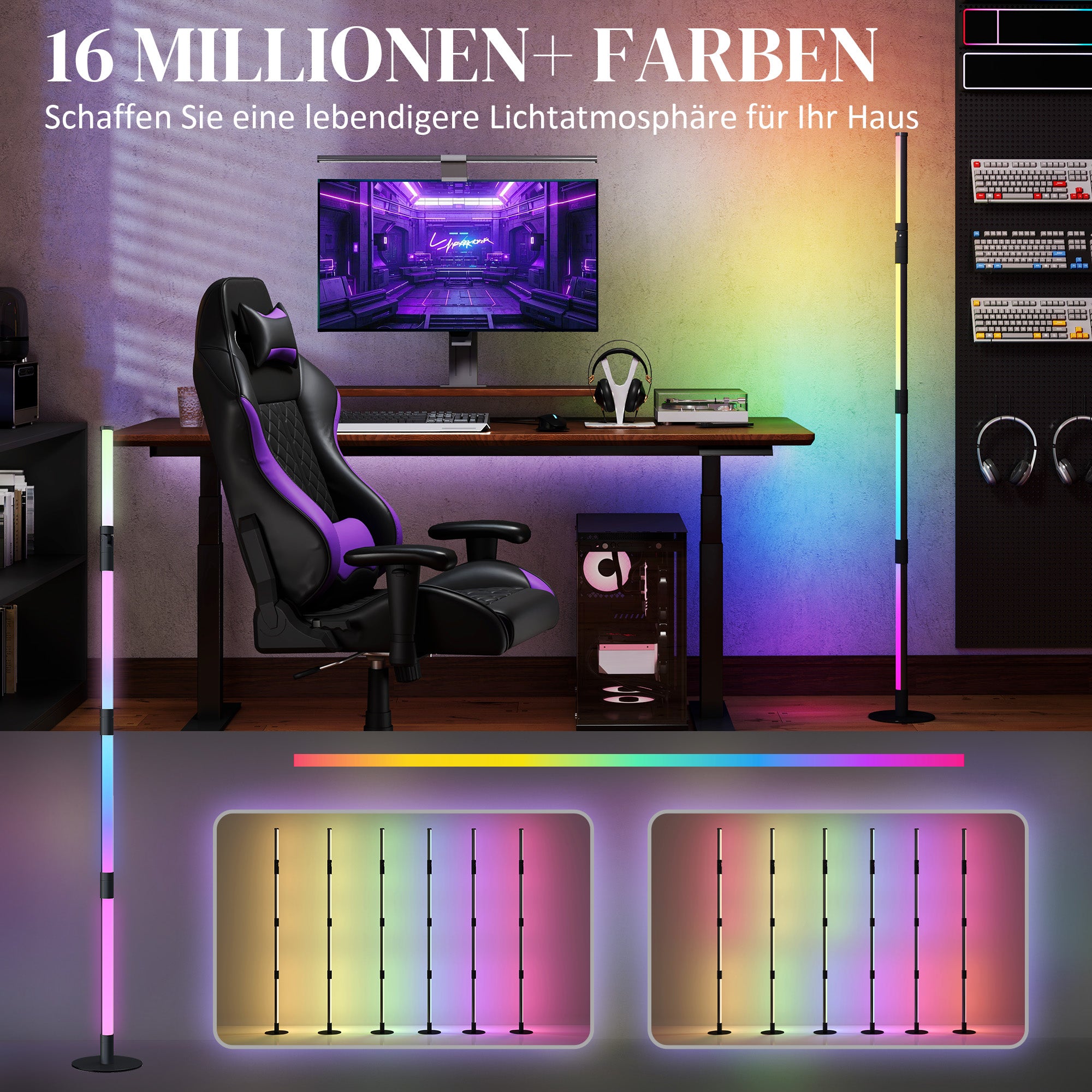 HOMCOM LED-Stehlampe, Standfußlampe mit Fernbedienung und verschiedenen Farben, Timer, App, Musik-Synchronisation, Dunkelgrau