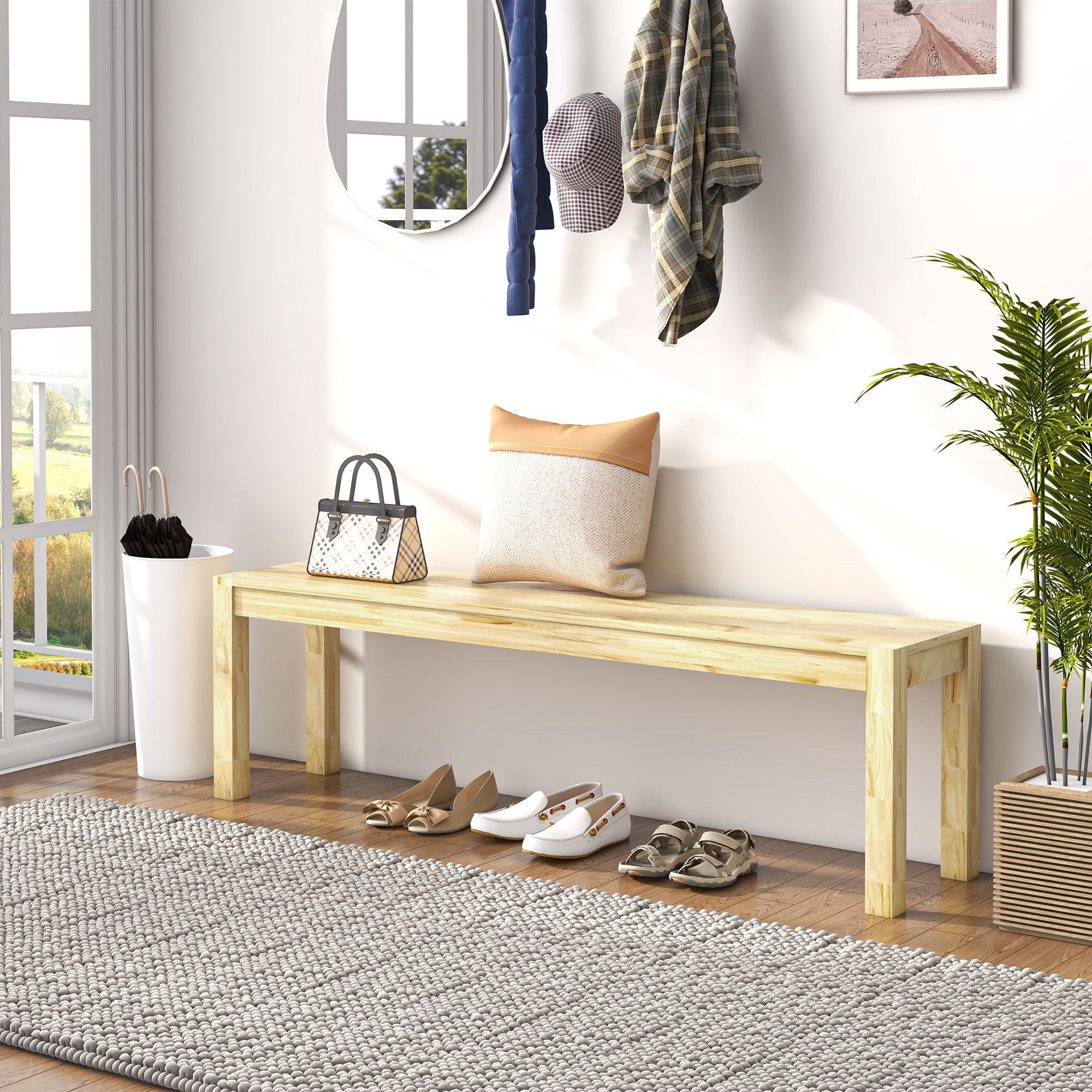 HOMCOM Sitzbank aus Massivholz, 3-Sitzer, Bank, Küchenbank, Kiefernholz, Natur