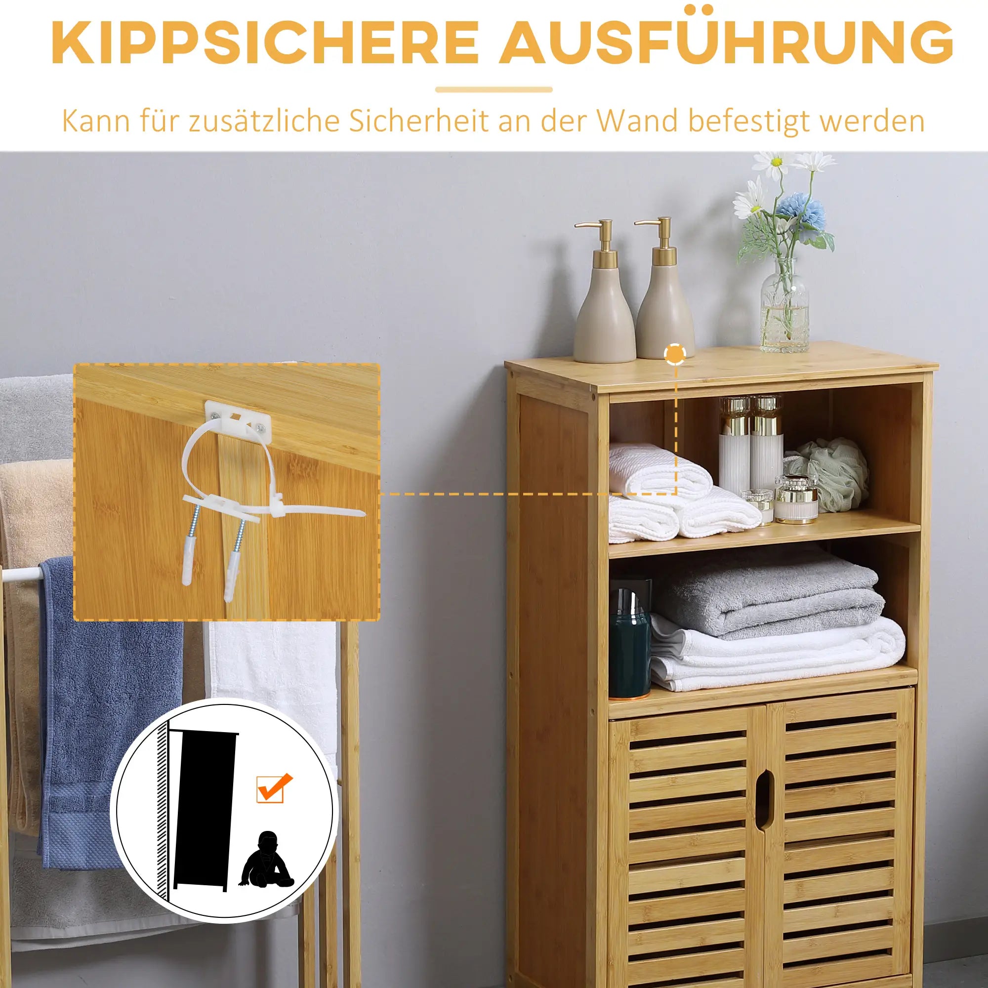 kleankin Badezimmerschrank mit 2 Fächern viel Stauraum Bambus