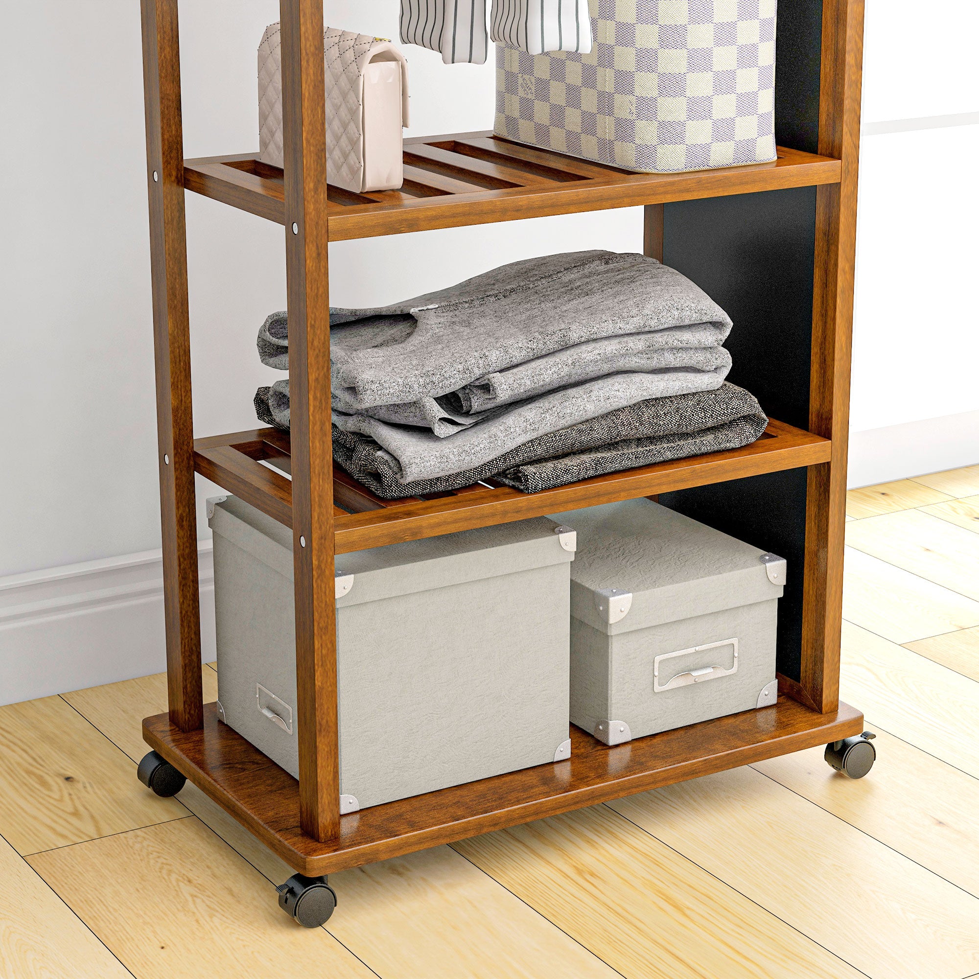 HOMCOM 2-in-1-Spiegel Spiegel Ganzkörperspiegel Garderobe, 1 Kleiderstange, 3 Regale, 35,8 x 59,8 x 170 cm, Natur