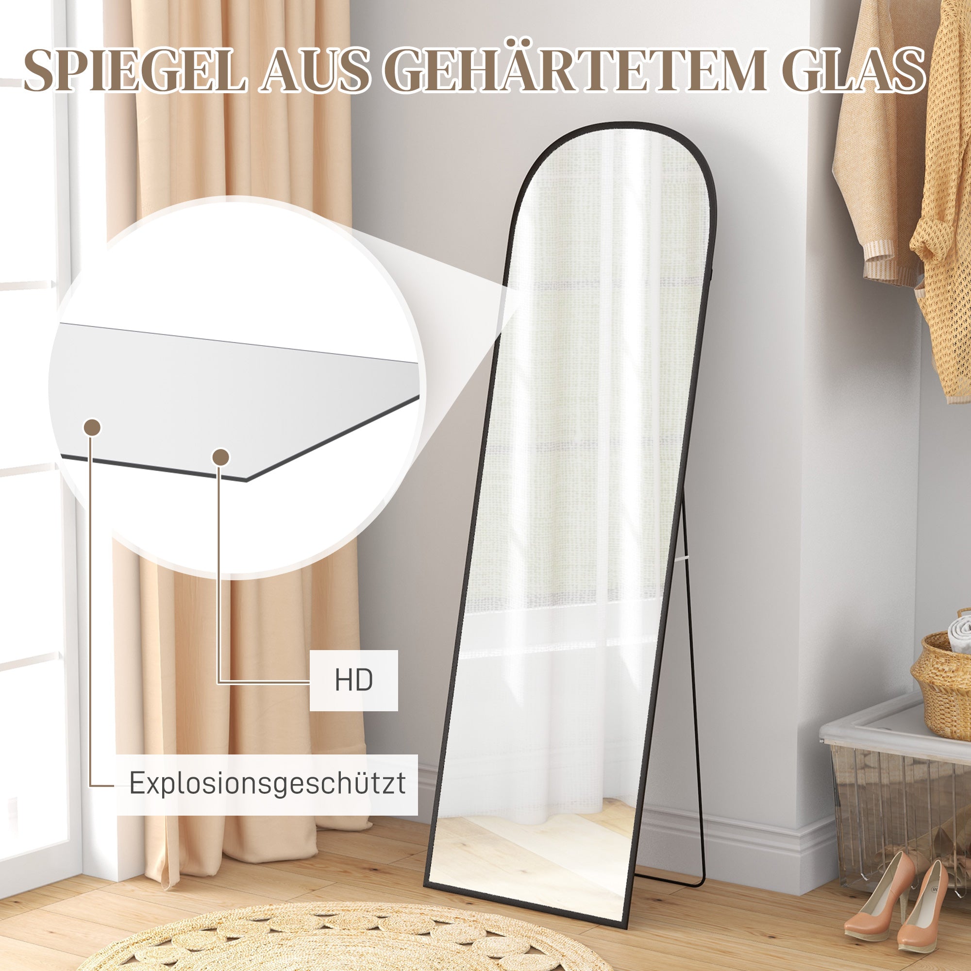 HOMCOM Standspiegel Ganzkörperspiegel großer Spiegel, modernes Design, 50 cm x 1,5 cm x 161,5 cm, Schwarz