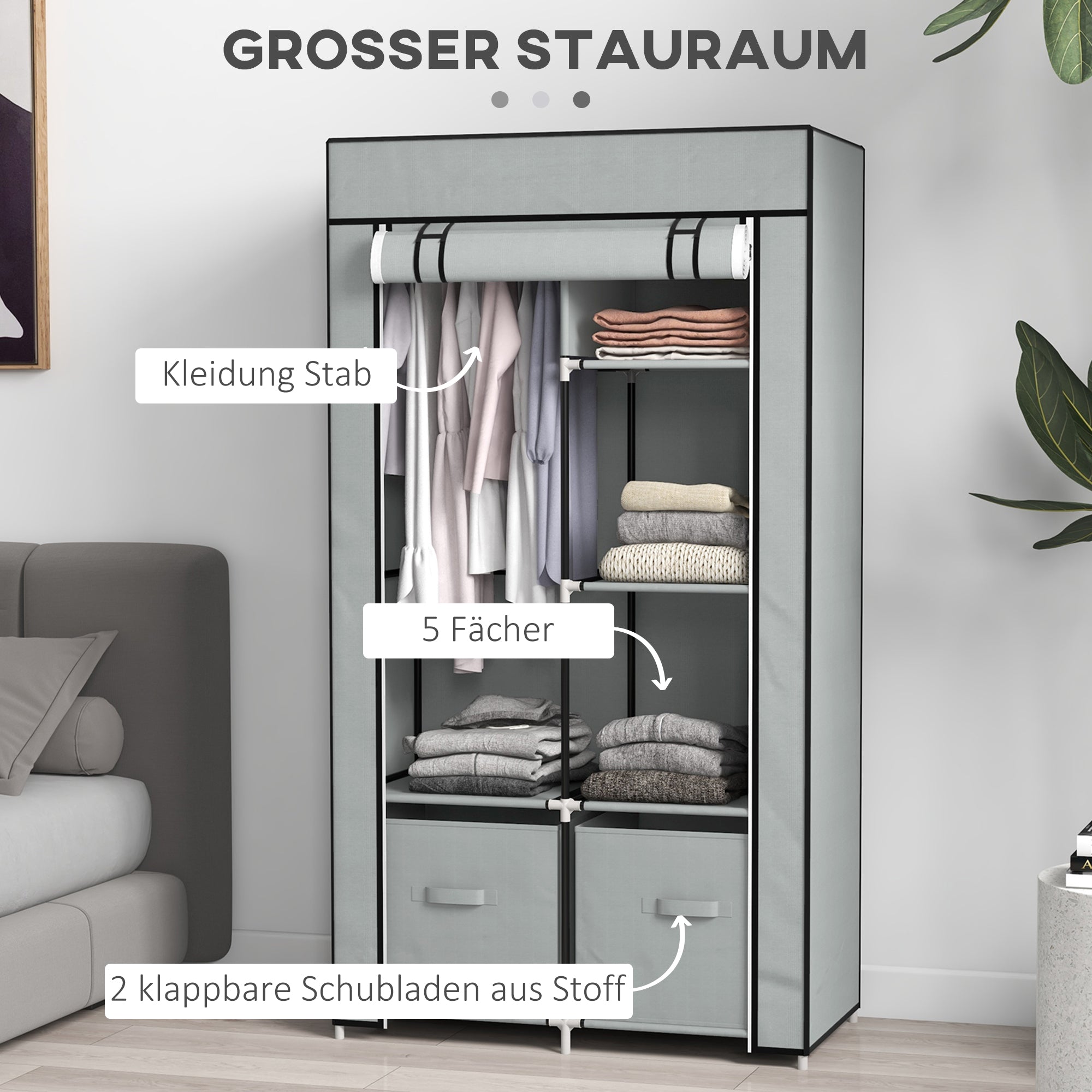 HOMCOM Kleiderschrank Stoffschrank 1 Kleiderstange, 2 Schubladen, 83 x 42.5 x 162,5 cm, Grau