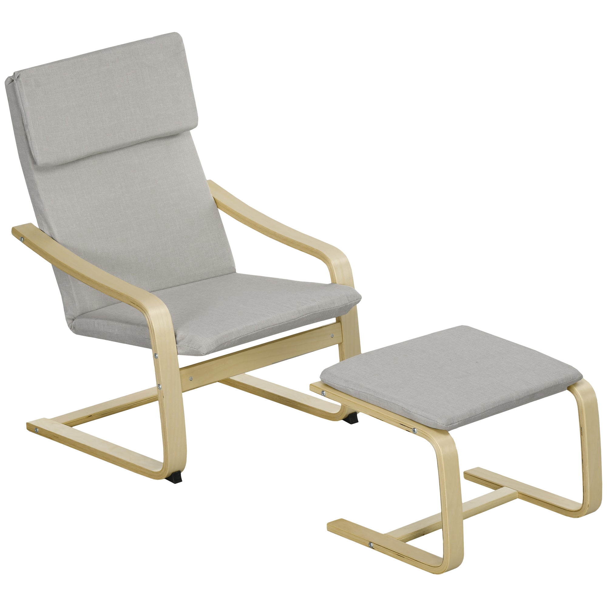 HOMCOM Loungesessel mit Hocker, Bezug in Leinenoptik, Holzrahmen, bis 120 kg, Hellgrau/Natur