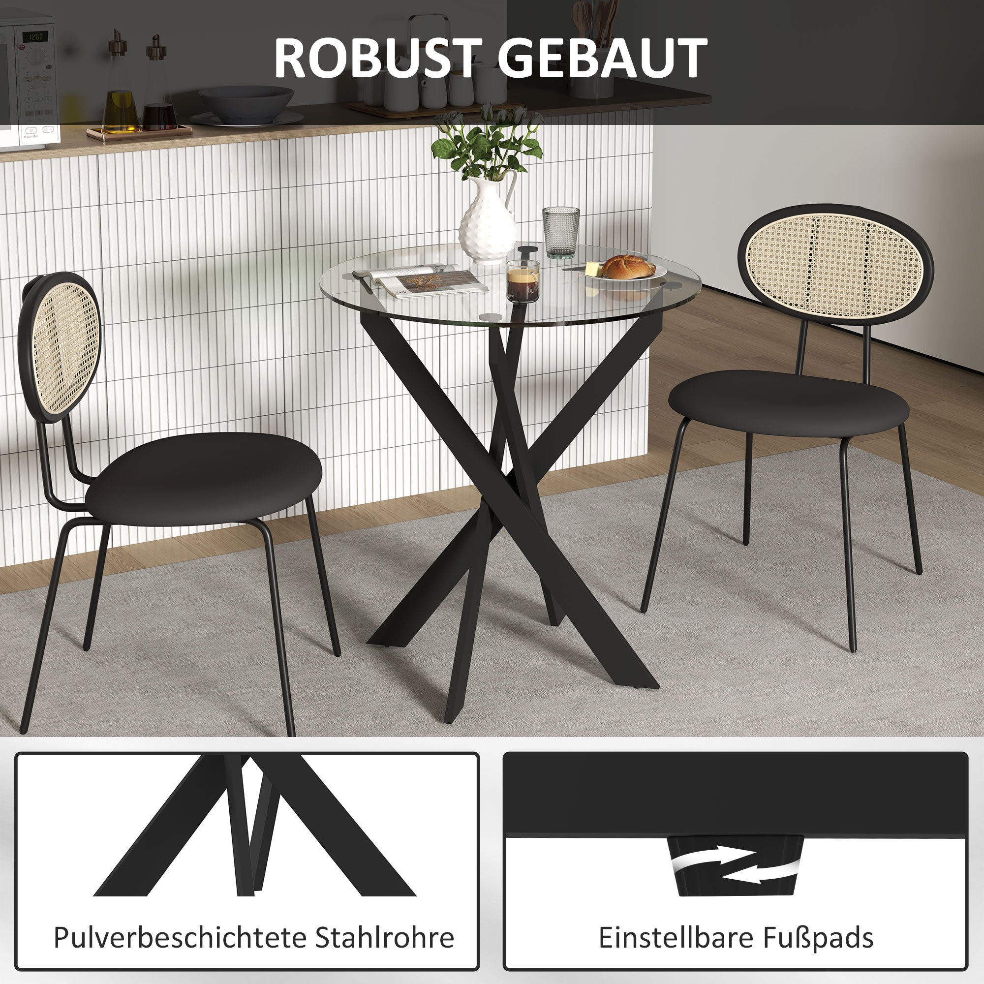 HOMCOM Moderner Glas-Esstisch, 70 cm Durchmesser, Küchentisch mit gehärteter Glasplatte und Metallbeinen, für 4 Personen
