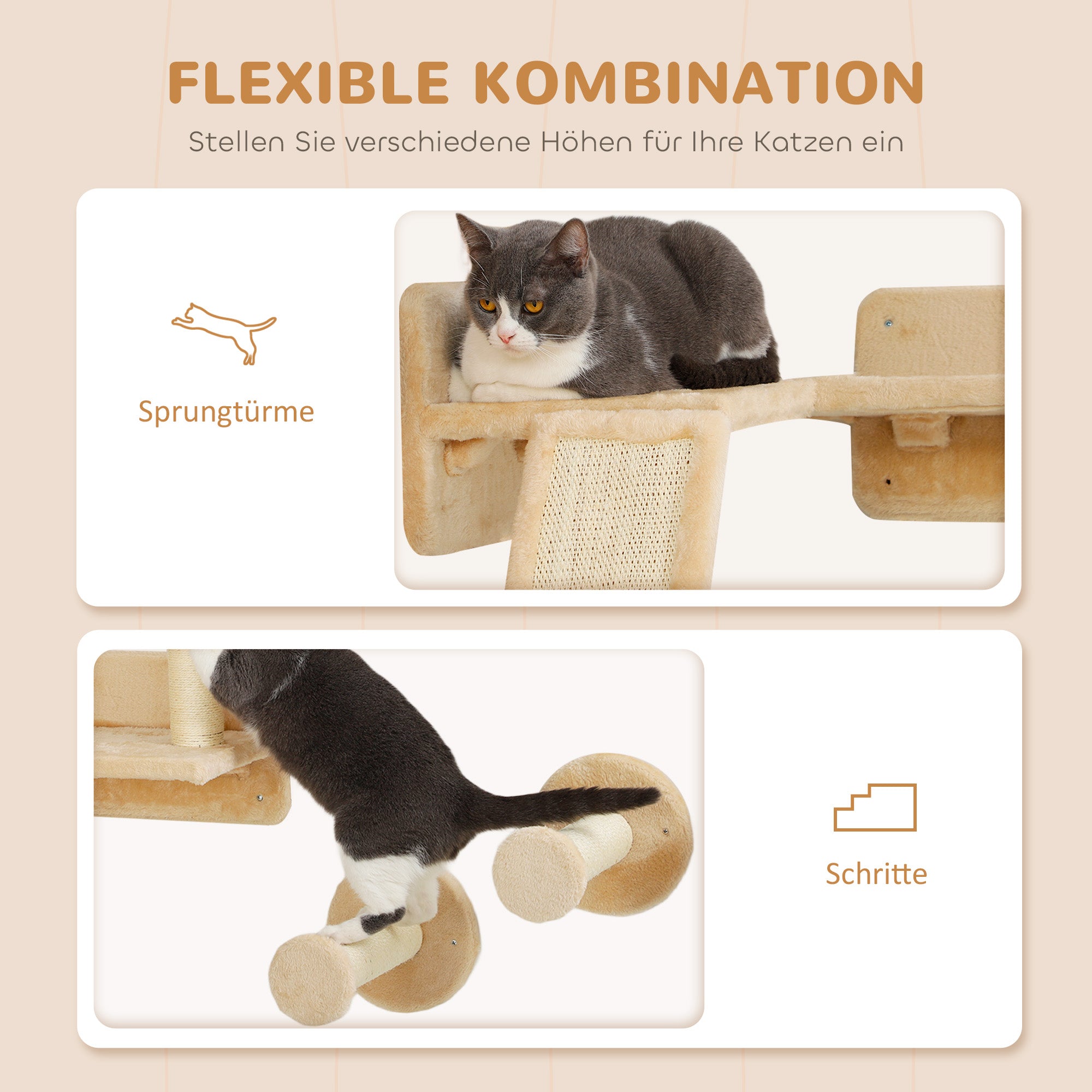 PawHut Katzen Kletterwand Set mit Kratzpfosten, Sprungplattformen und Spielbällen, zum Klettern und Ausruhen, Beige