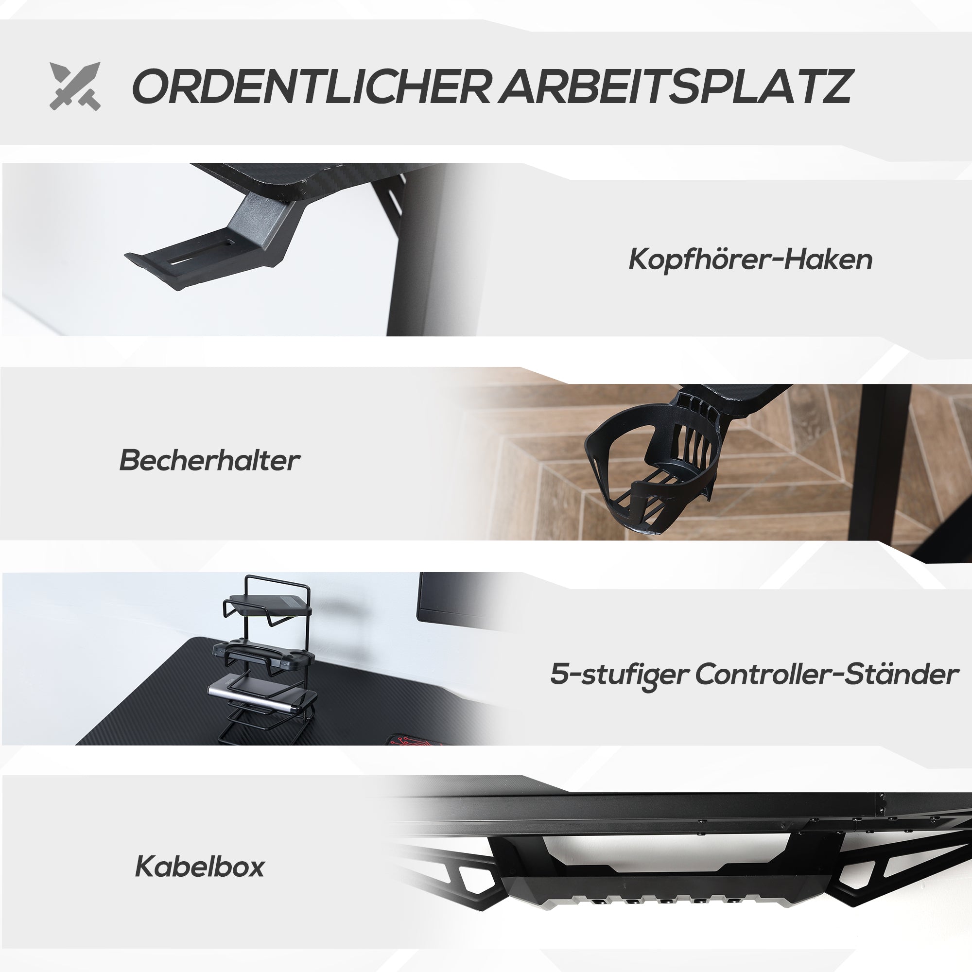 HOMCOM Gaming Tisch Schreibtisch L-förmige mit Kopfhörerhaken Getränkehalterung Computertisch MDF Metall Schwarz+Rot 168 x 109 x 78 cm