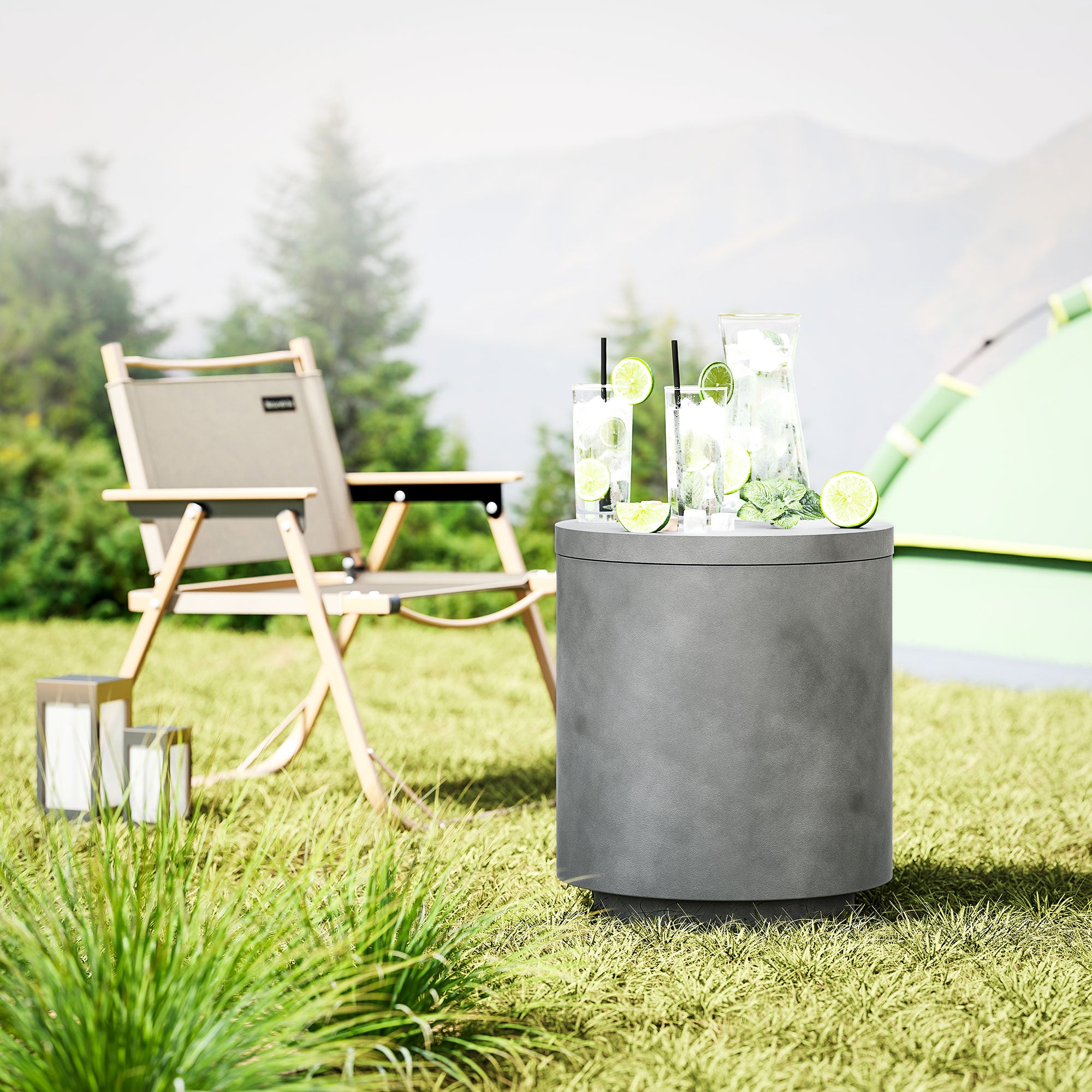 HOMCOM Outdoor-Tisch, Beistelltisch mit Kühler, Eiseimer, Hellgrau