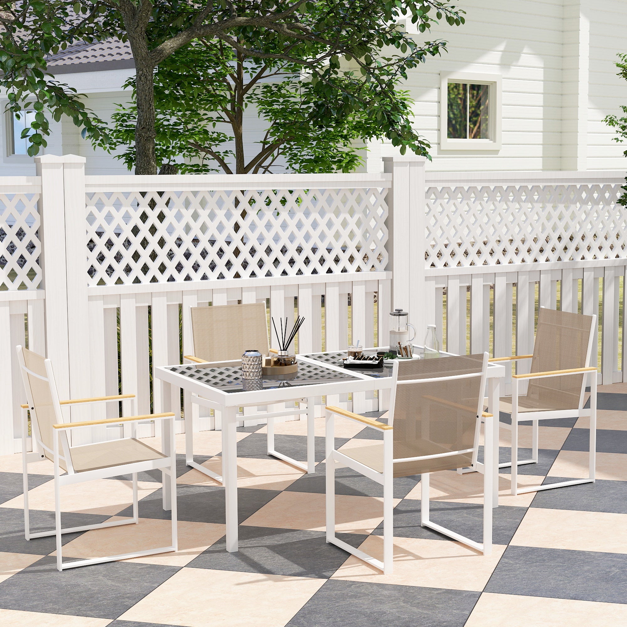 Outsunny 5-teiliges Ess-Set, Outdoor-Tisch aus Hartglas, 4 Stühle, wetterbeständig, Stahlrahmen, Terrassenmöbel, Mehrfarbig