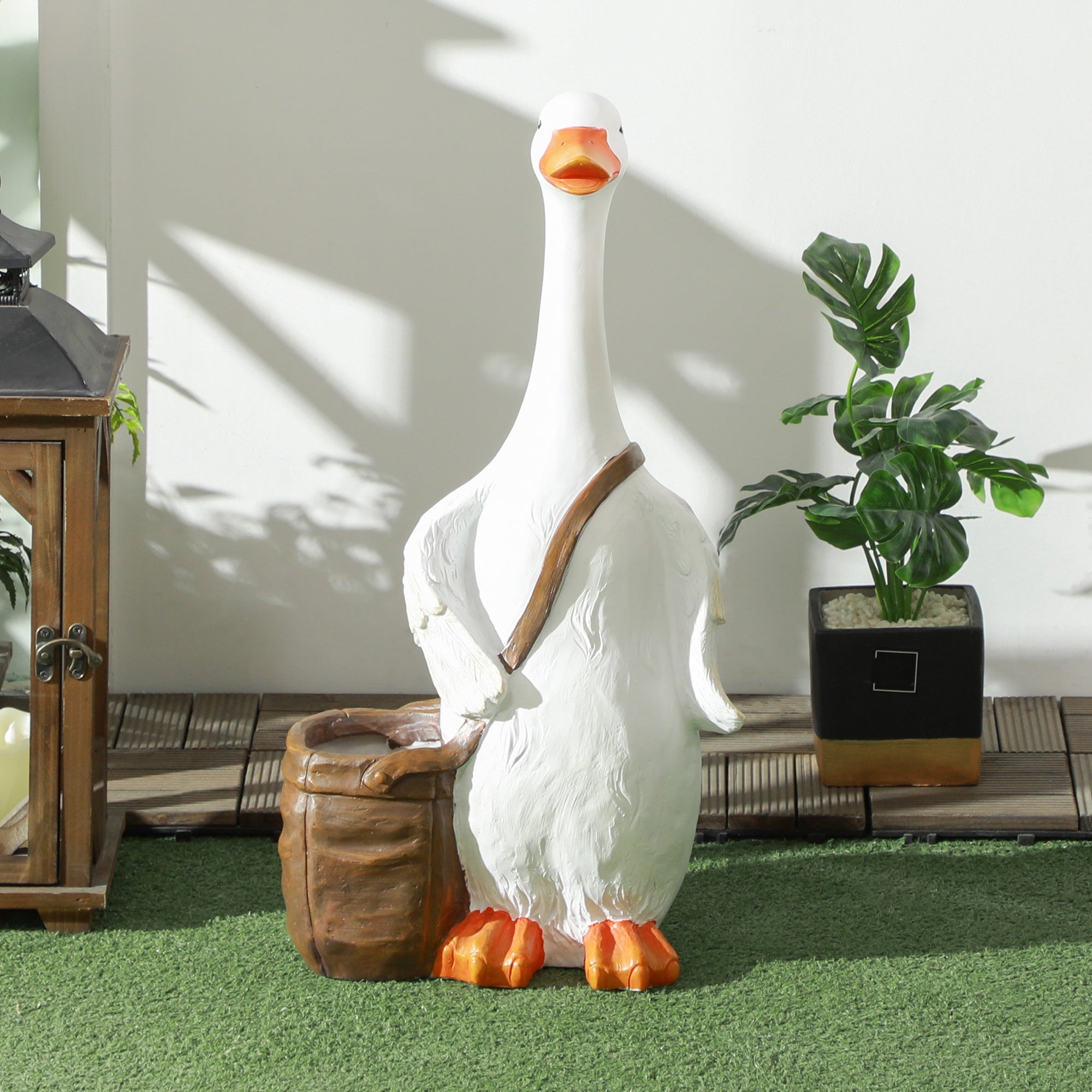 Outsunny Blumentopf, Schwan mit Umhängetasche, wetterfest, 32 x 18 x 60 cm, Weiß, Braun