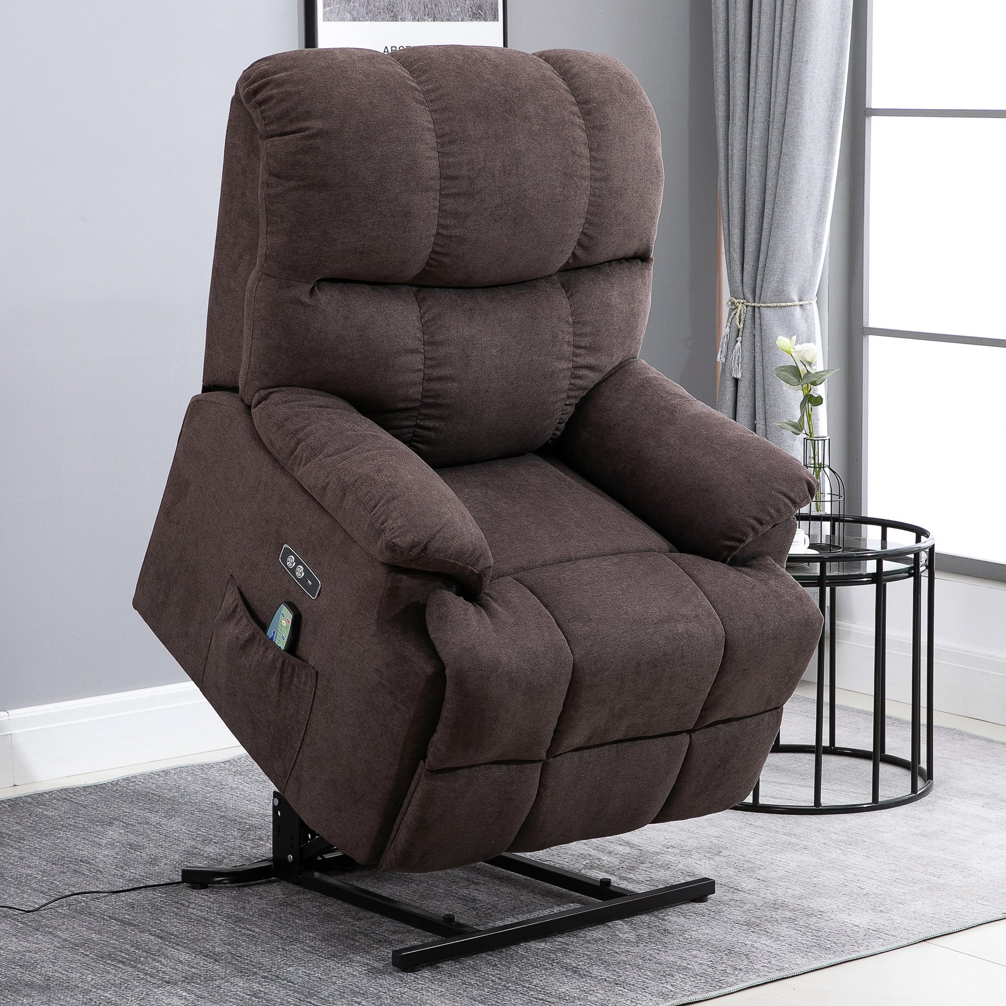 HOMCOM Relaxsessel mit Aufstehhilfe, 160° verstellbare Rückenlehen, Massage- und Wärmefunktion, 83 cm x 95 cm x 105 cm, Braun