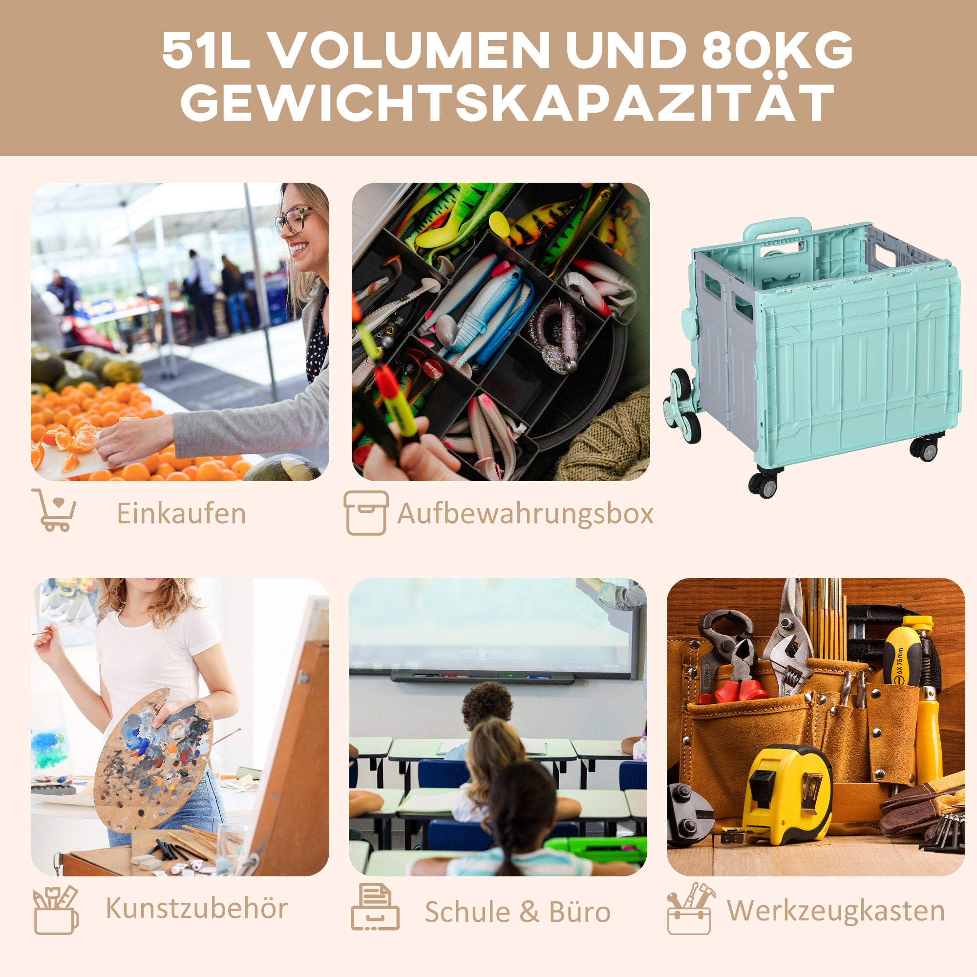 HOMCOM Einkaufswagen Einkaufstrolley, Treppensteiger,  klappbar, Teleskopgriff, bis max. 65 Kilo belastbar, Grün