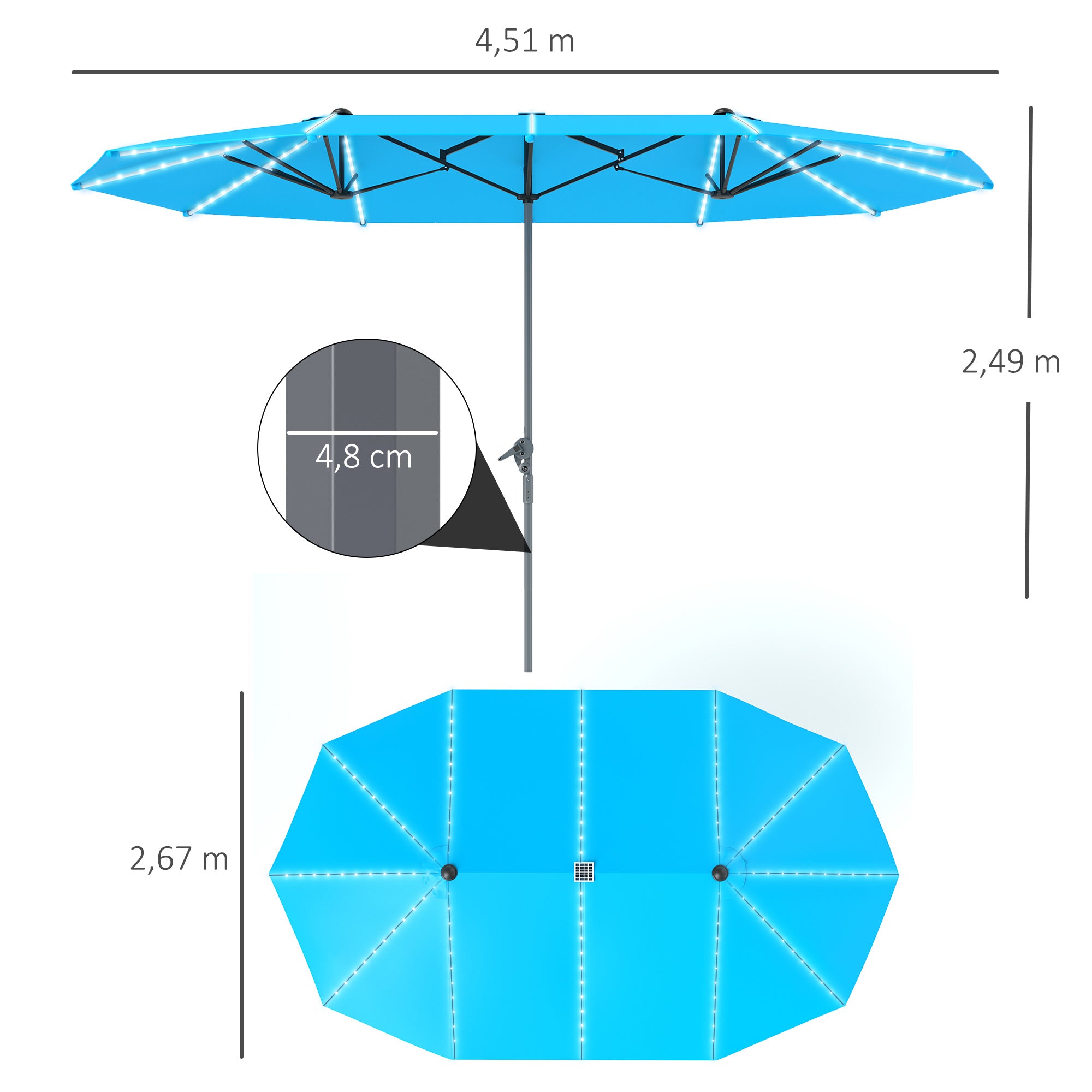 Outsunny Doppelschirm mit Solar-Lichtern, Aluminium, Polyester, UPF50+ Schutz, UV-beständig, Terrassenschirm, Blau