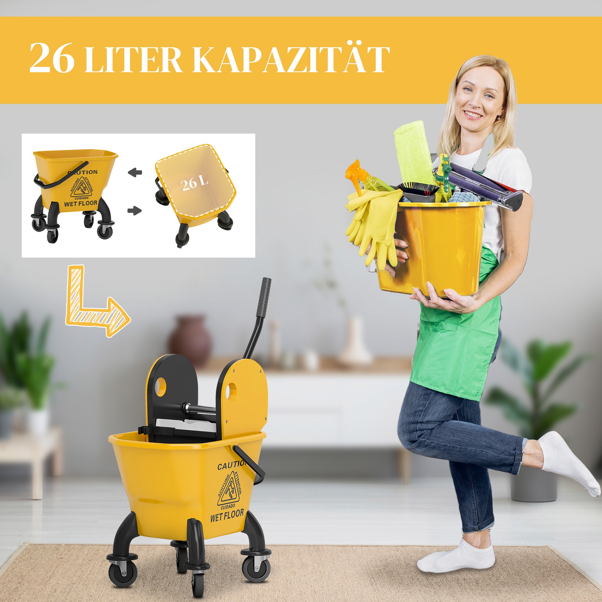 HOMCOM Rollbarer Mopp-Eimer, Wischeimer mit Auswringer und Mopp, 26 Liter, Gelb