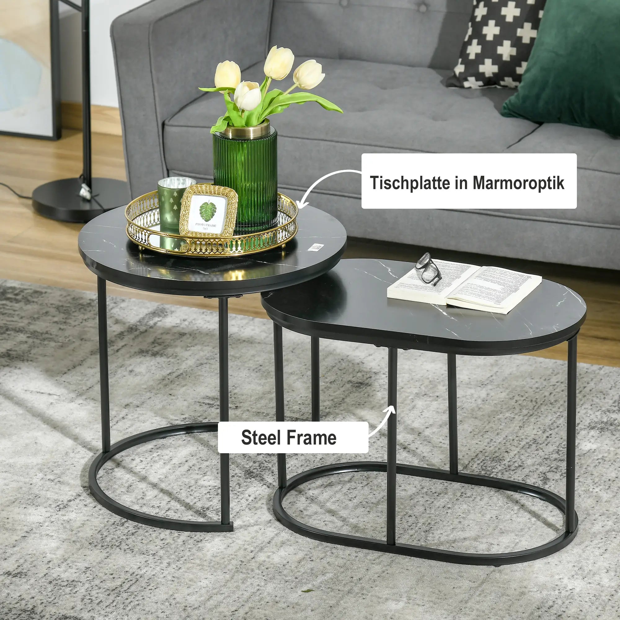 HOMCOM 2er-Set Couchtisch, Ovaler und runder Kaffeetisch, stapelbar, Marmoroptik, MDF, Metall, Ø50 x 50,5H cm, Schwarz