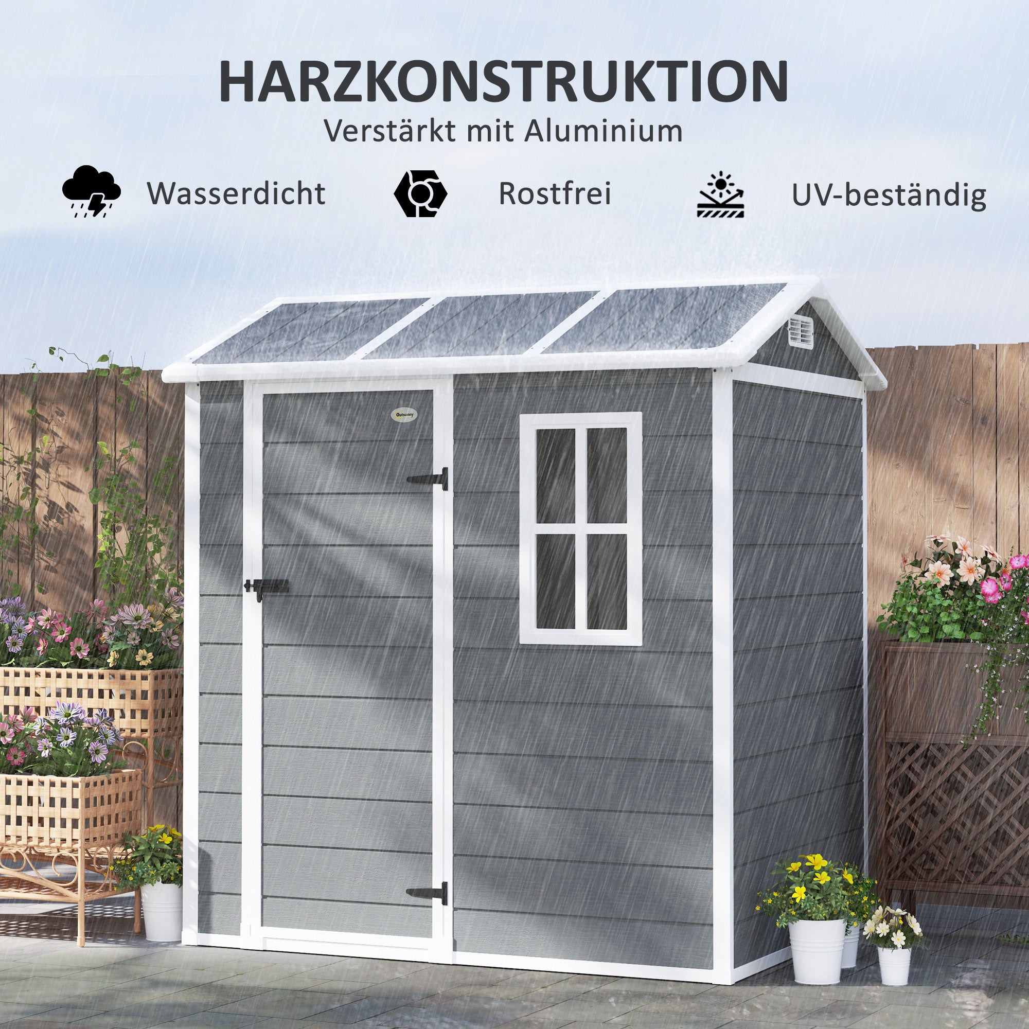Outsunny Gartenhaus, Gartenschuppen mit Boden, Fenster, verschließbarer Tür, Kunststoff-Harz, wetterfest, Grau
