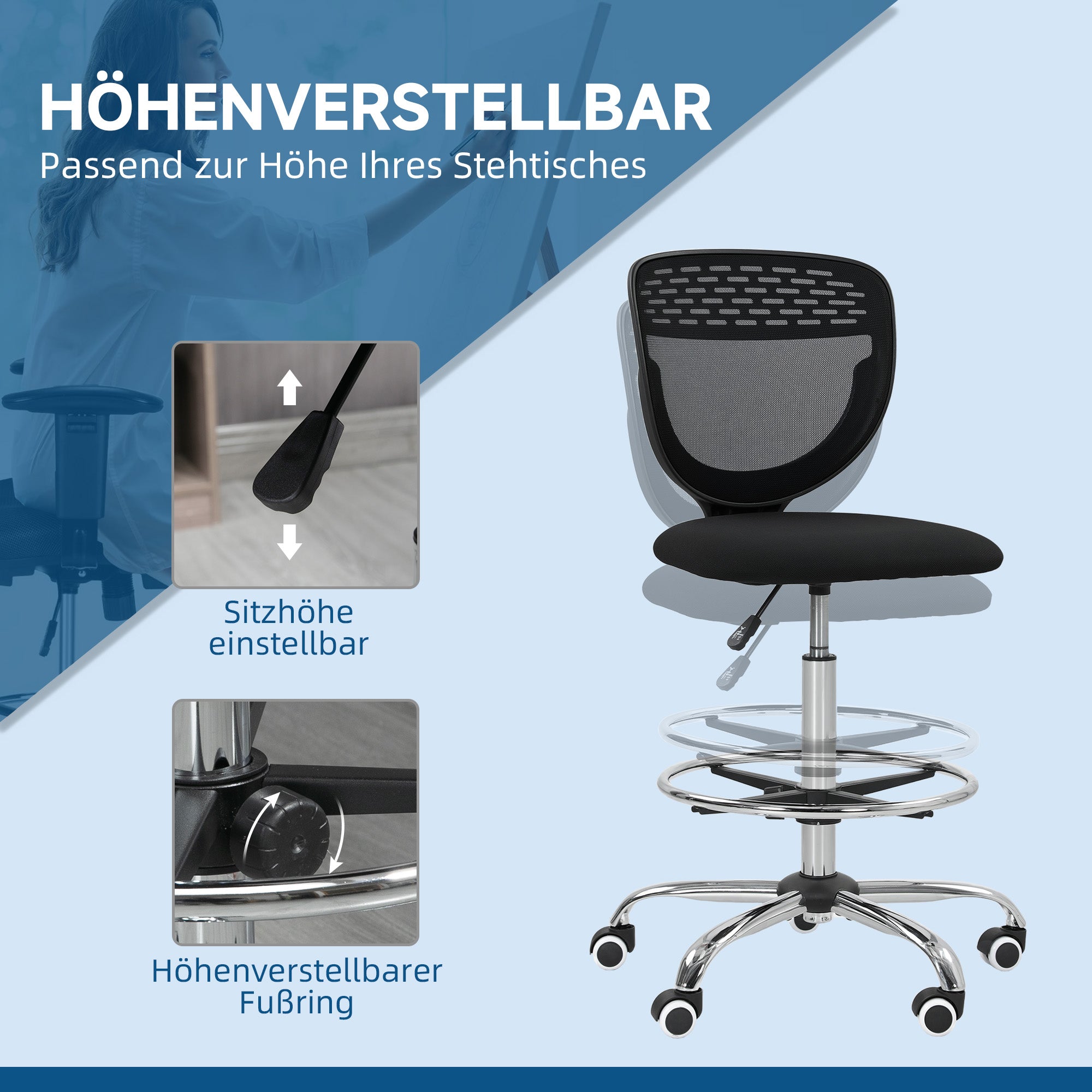 Vinsetto Bürostuhl, Arbeitsstuhl, Schreibtischstuhl, höhenverstellbar, gepolstert, Schwarz