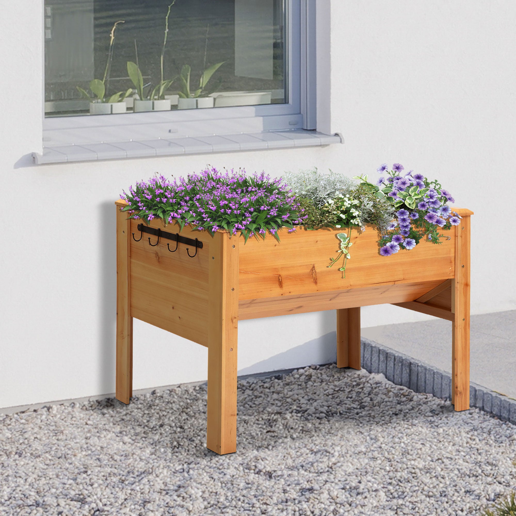 Outsunny Hochbeet aus Holz Kräuterbeet Pflanzkasten mit Abflussloch Haken Blumenkasten mit Füßen Massivholz Natur 120 x 60 x 81 cm