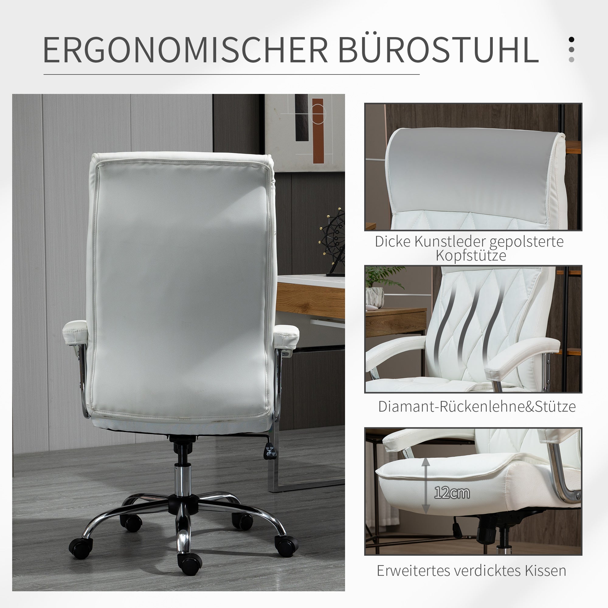 Vinsetto Bürostuhl, ergonomischer Schreibtischstuhl, höhenverstellbarer Drehstuhl mit Wippfunktion, Rautenmuster, Kunstleder, gepolsterter Chefsessel, Weiß